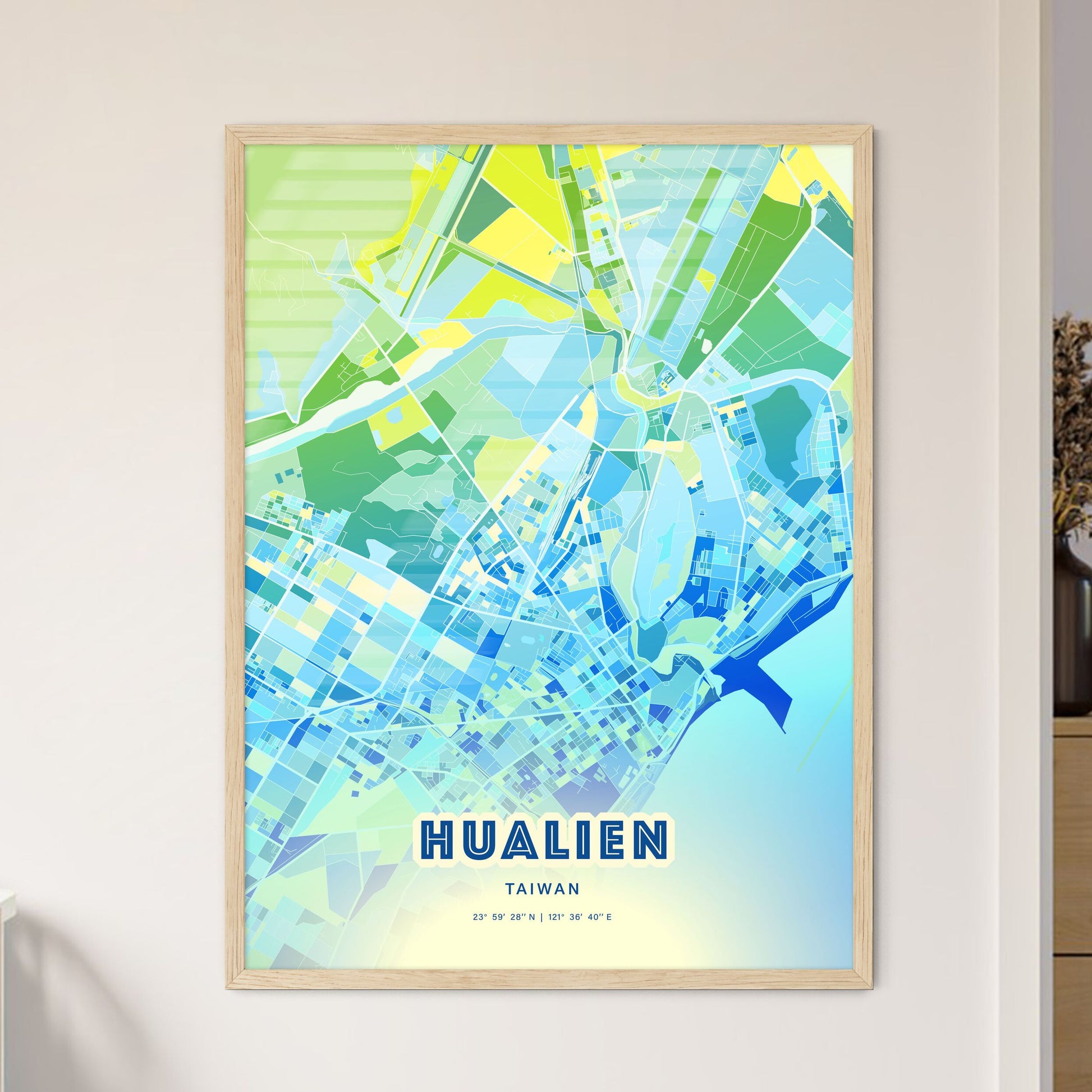 Colorful HUALIEN TAIWAN Fine Art Map Cool Blue