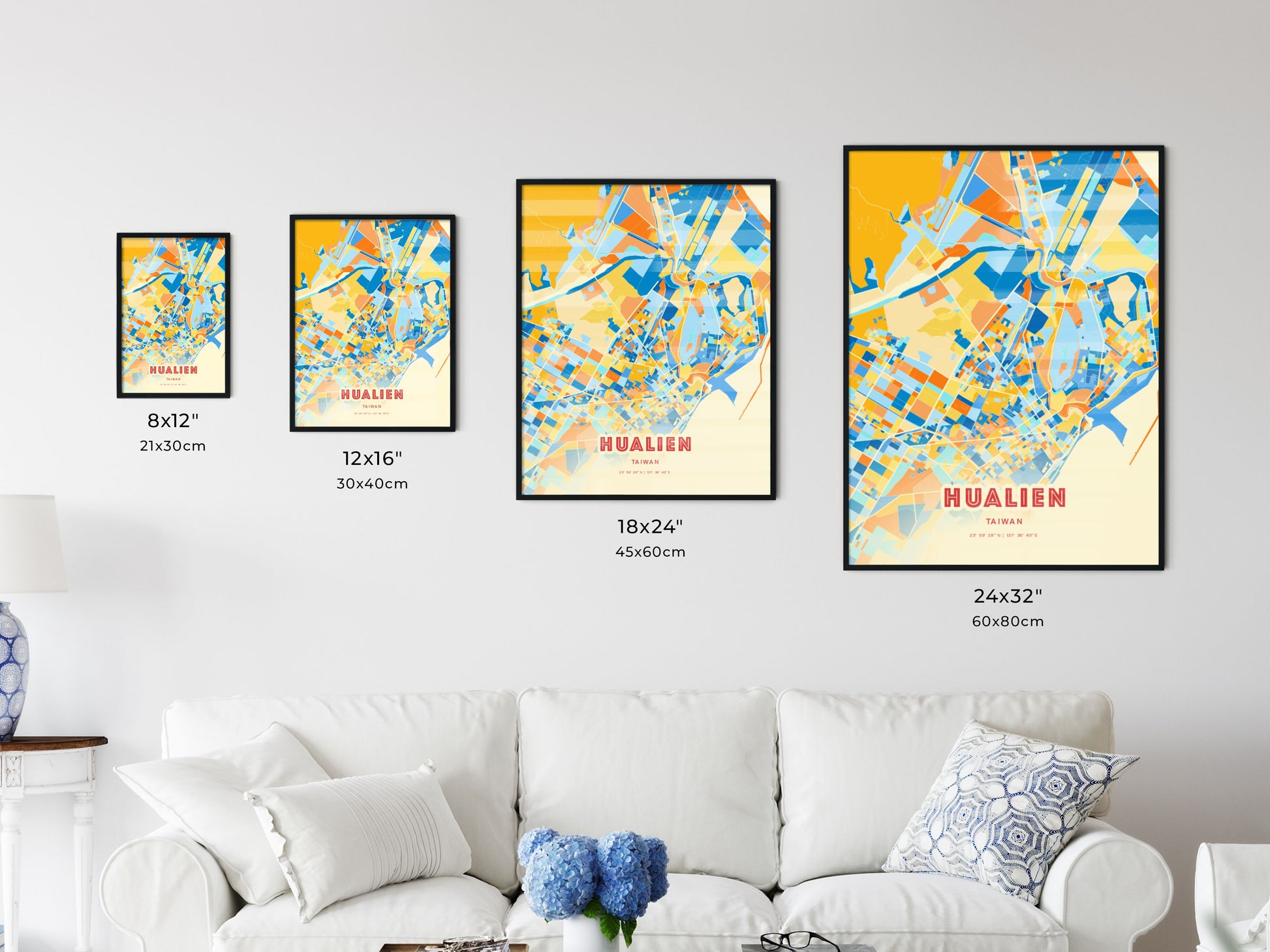 Colorful HUALIEN TAIWAN Fine Art Map Blue Orange