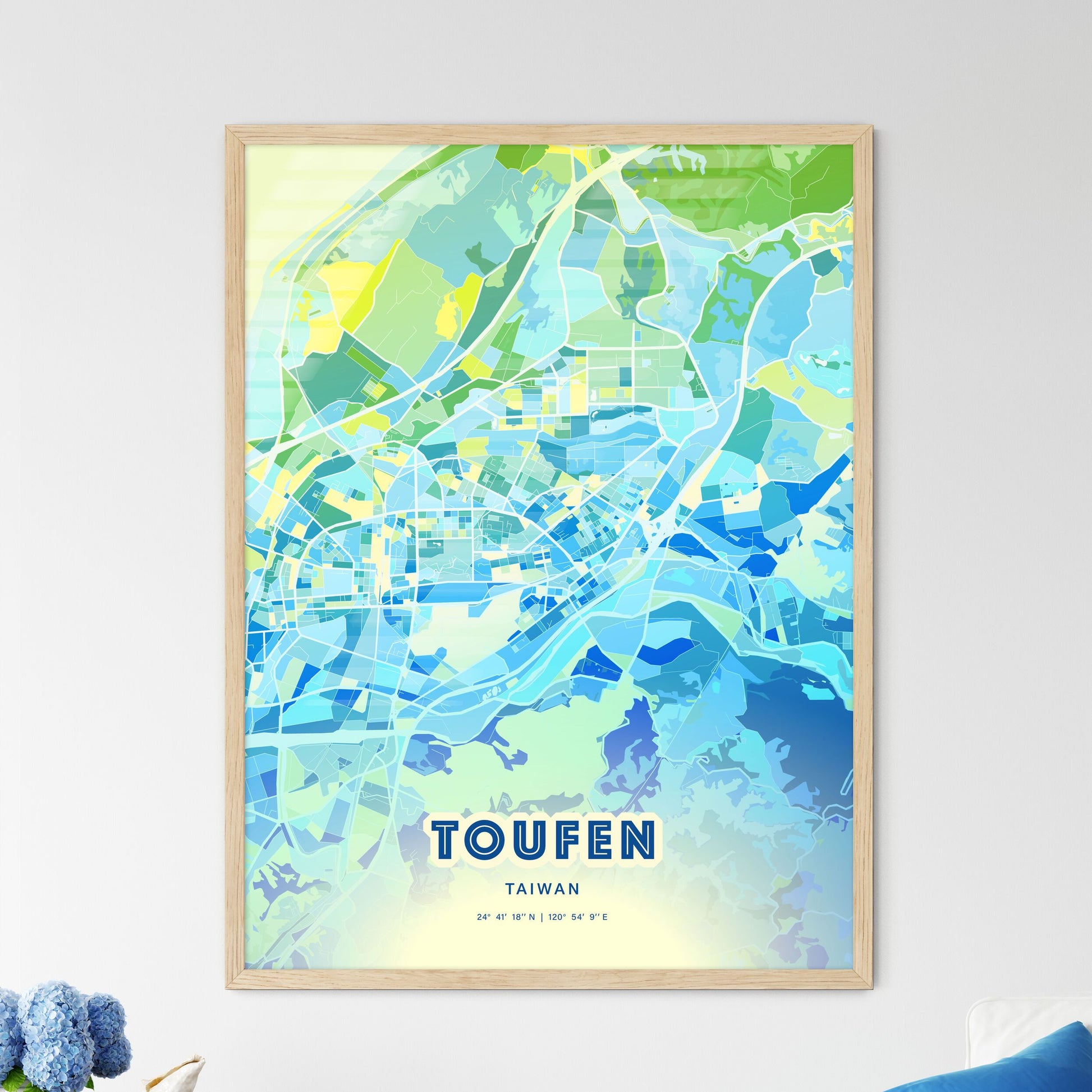 Colorful TOUFEN TAIWAN Fine Art Map Cool Blue