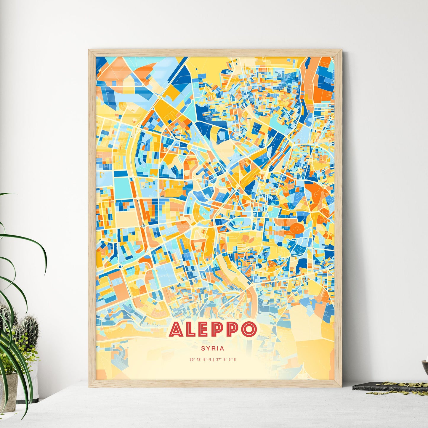 Colorful Aleppo Syria Fine Art Map Blue Orange