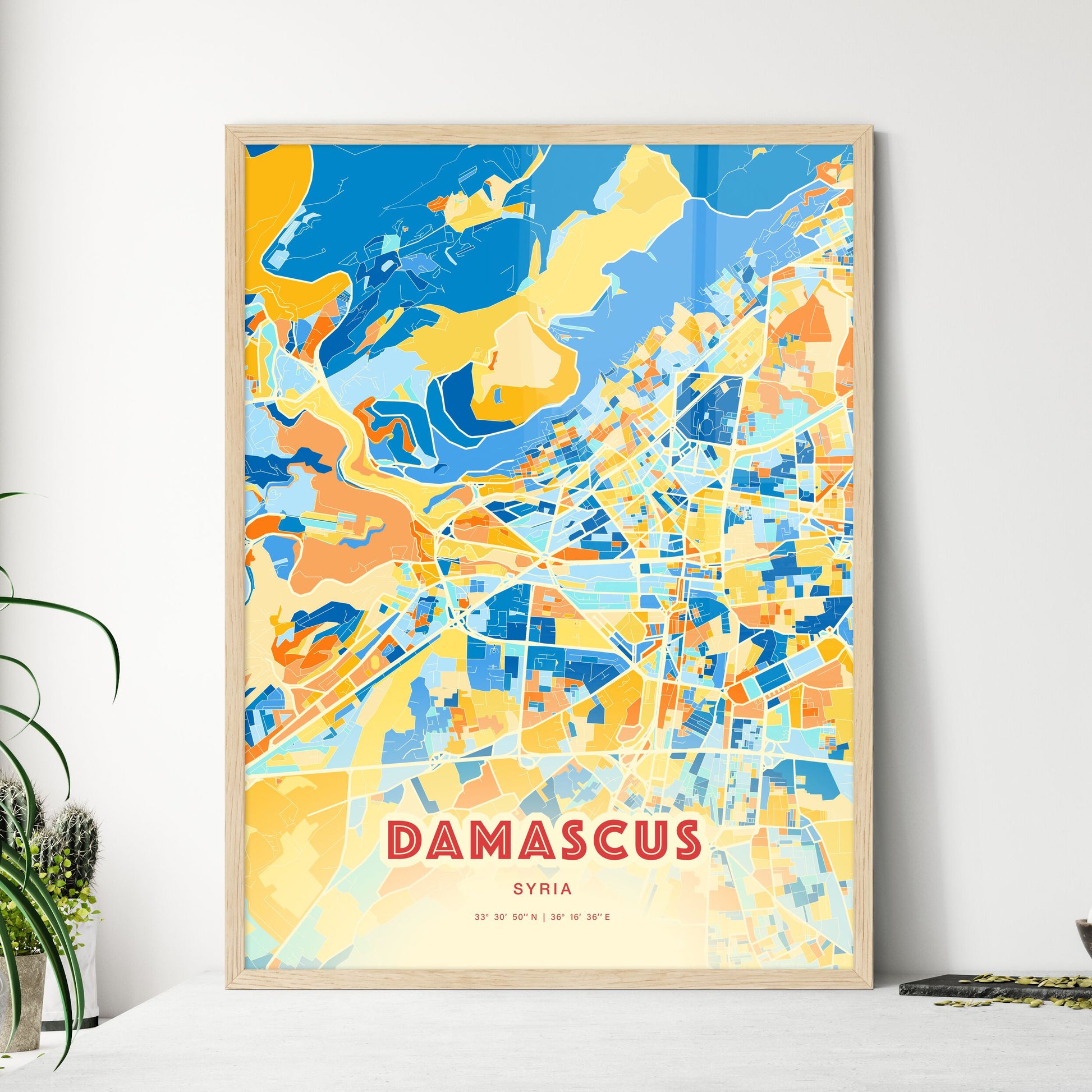 Colorful Damascus Syria Fine Art Map Blue Orange