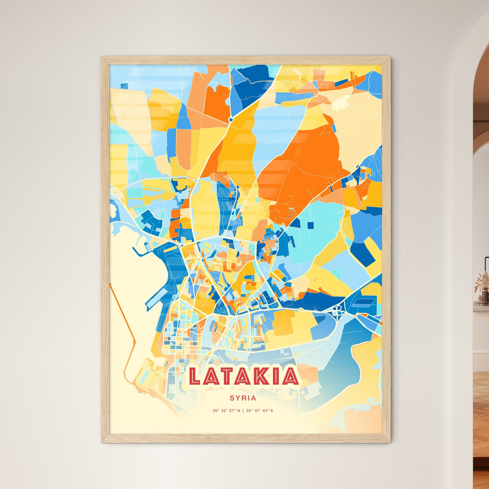 Colorful Latakia Syria Fine Art Map Blue Orange