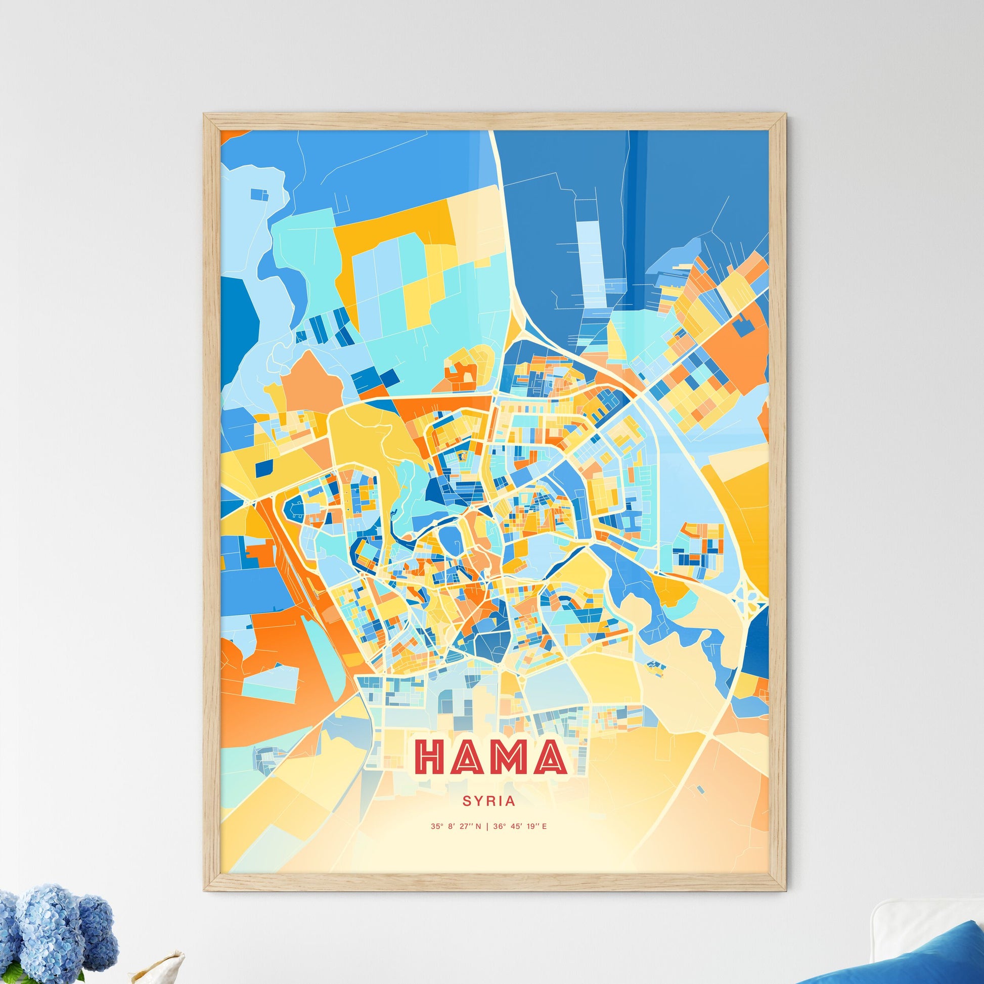Colorful Hama Syria Fine Art Map Blue Orange
