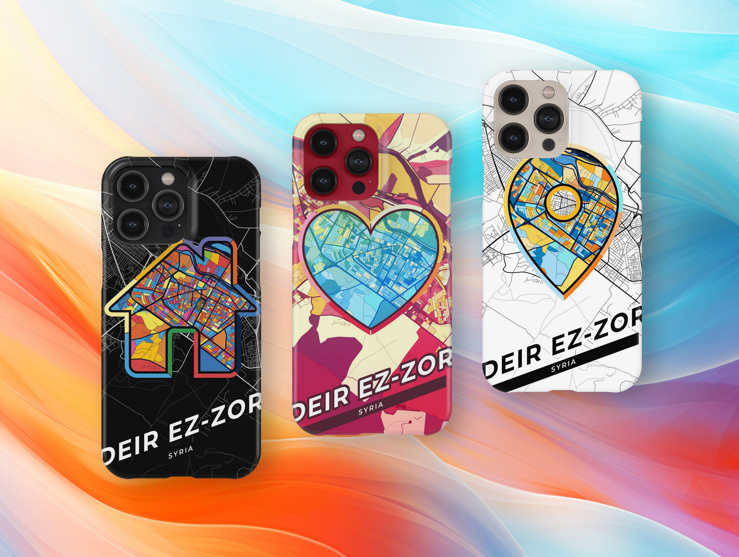 Deir Ez-Zor Syria slim phone case with colorful icon. Birthday, wedding or housewarming gift. Couple match cases.
