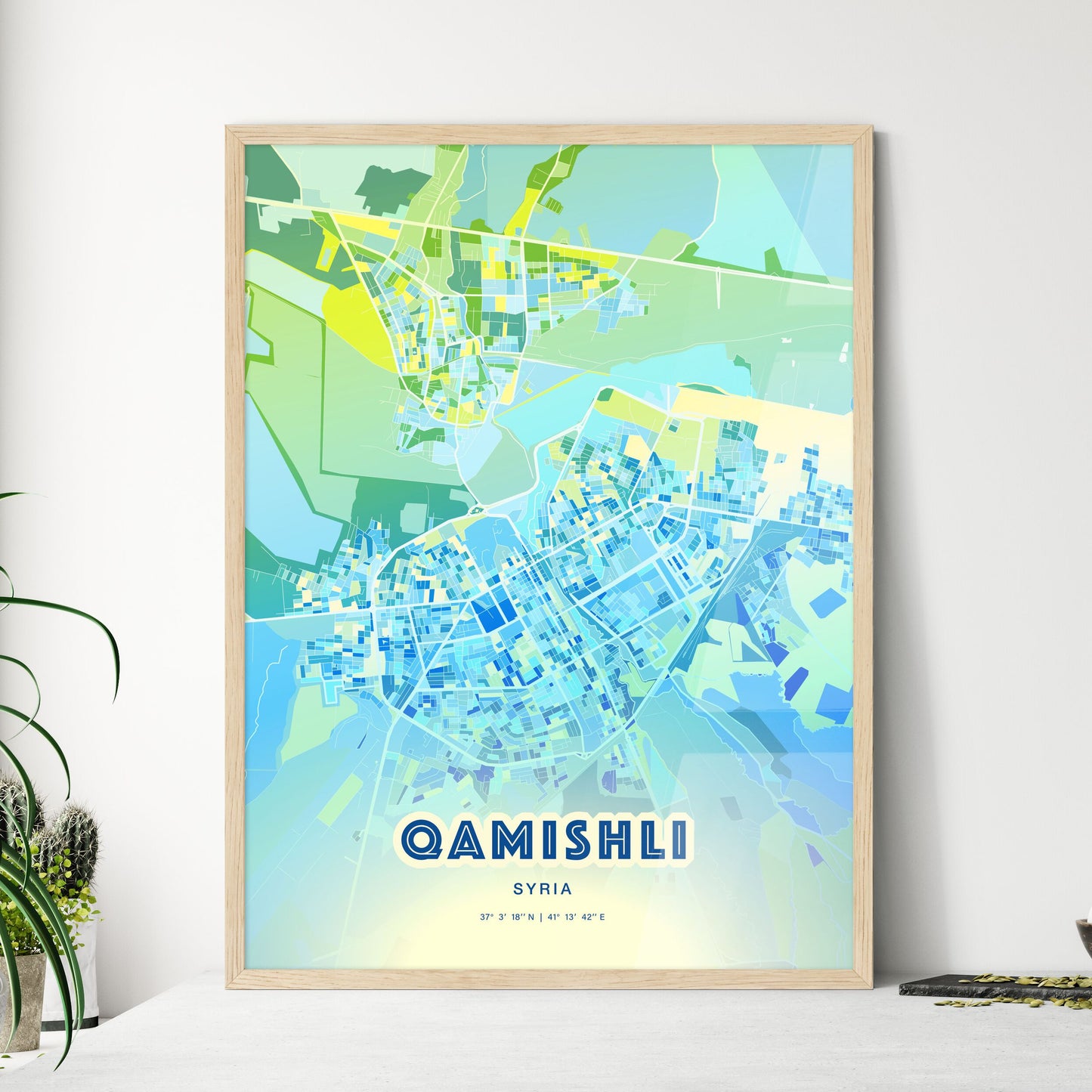 Colorful QAMISHLI SYRIA Fine Art Map Cool Blue