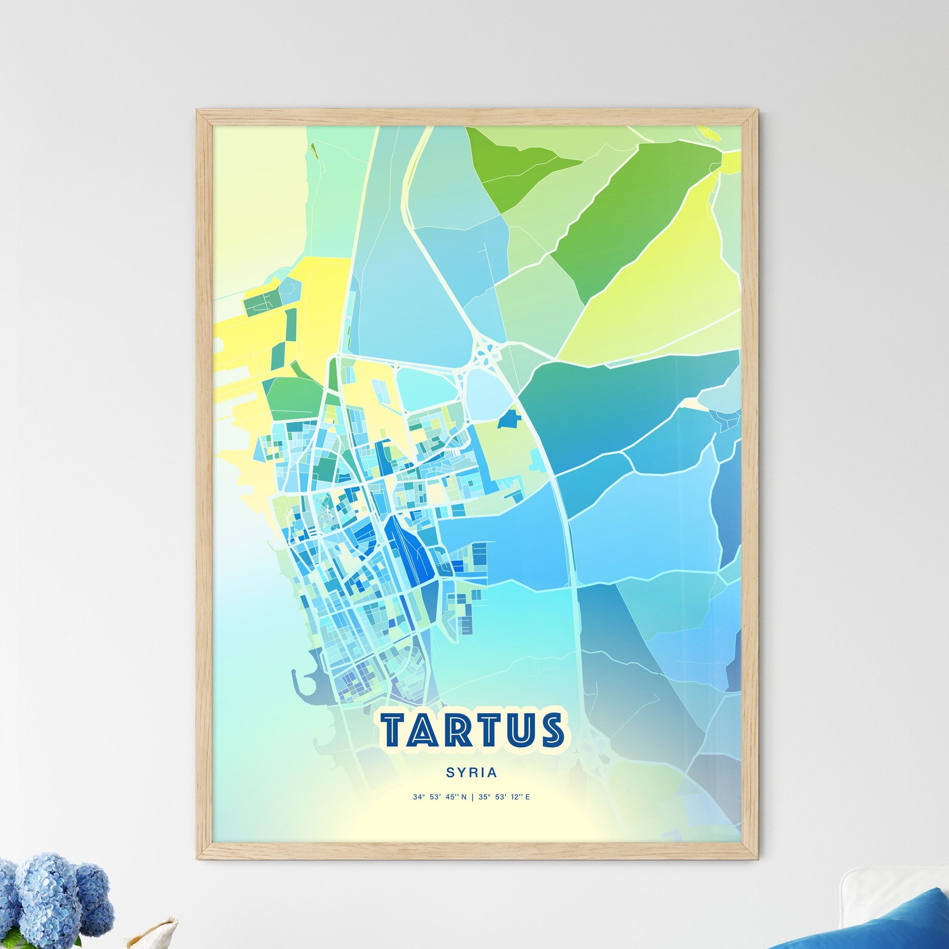 Colorful TARTUS SYRIA Fine Art Map Cool Blue