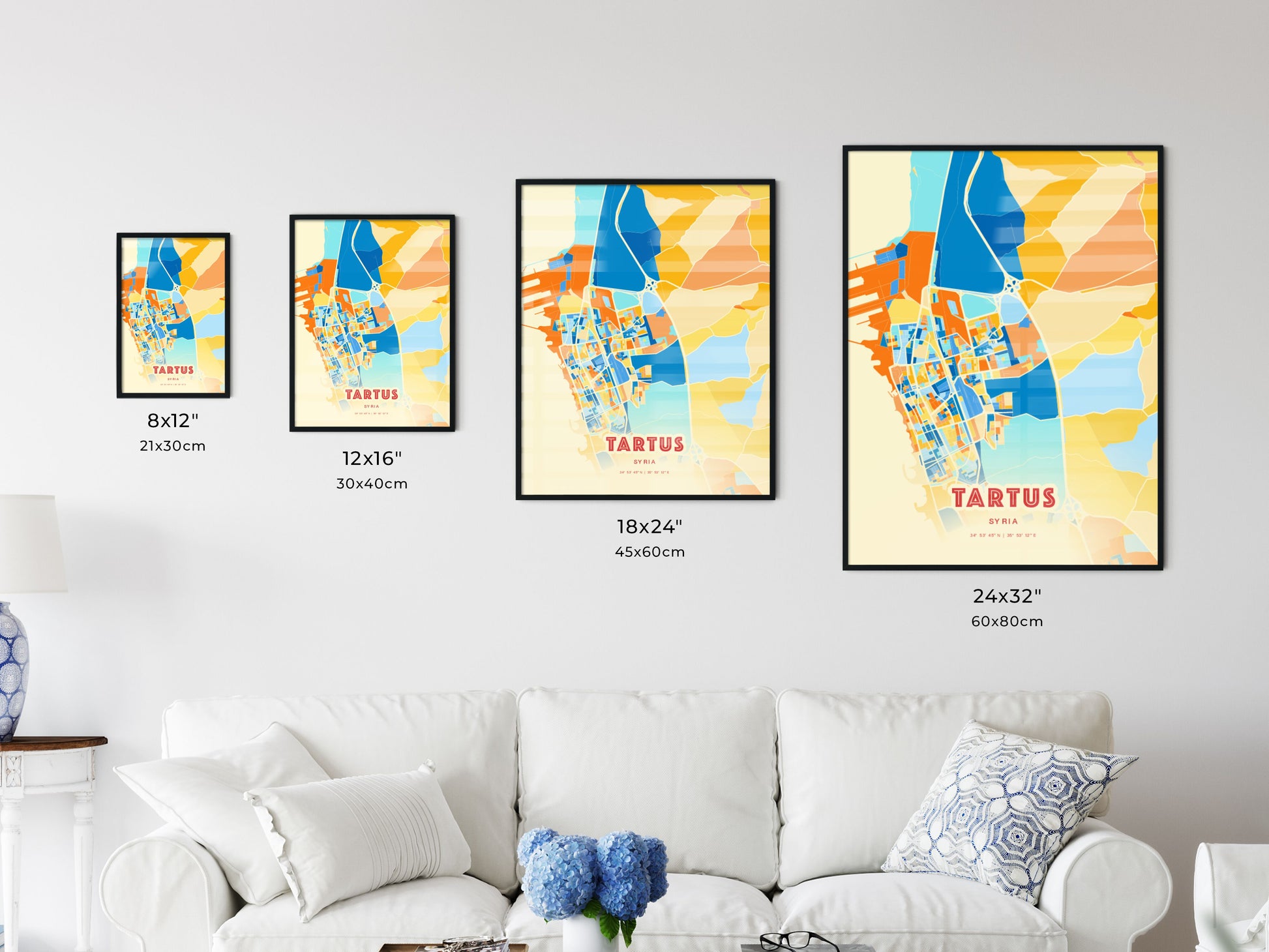 Colorful TARTUS SYRIA Fine Art Map Blue Orange