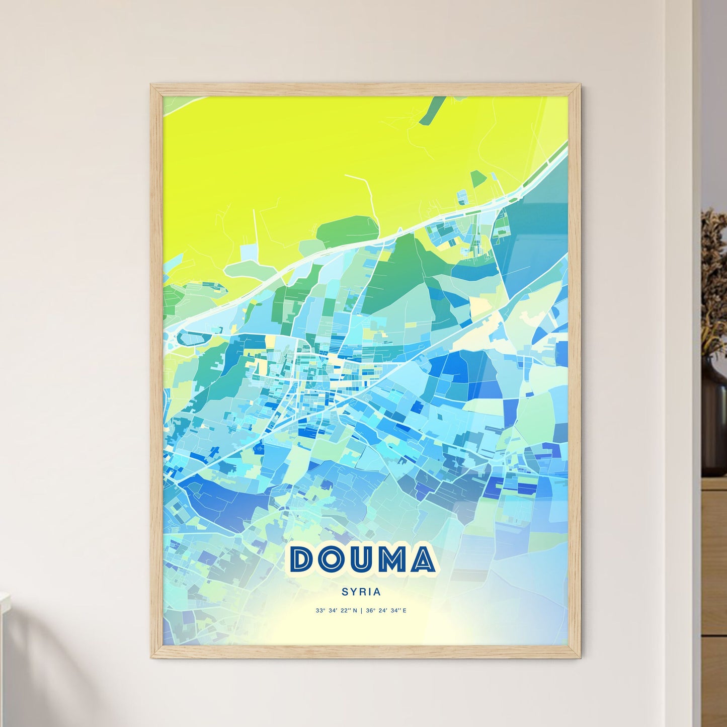 Colorful DOUMA SYRIA Fine Art Map Cool Blue