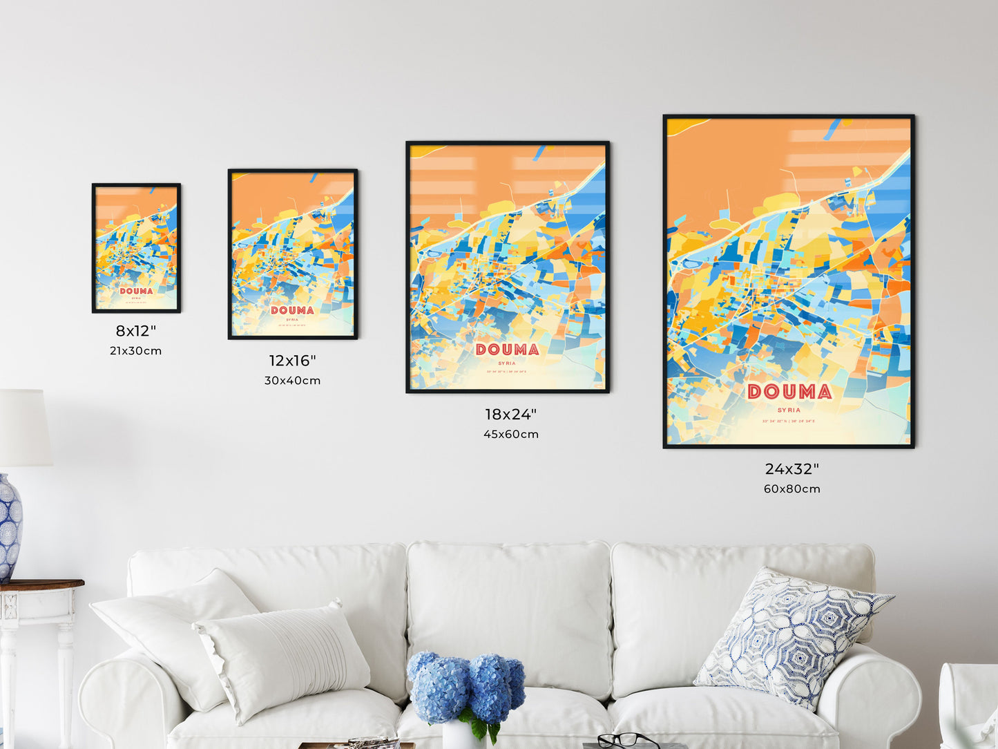 Colorful DOUMA SYRIA Fine Art Map Blue Orange