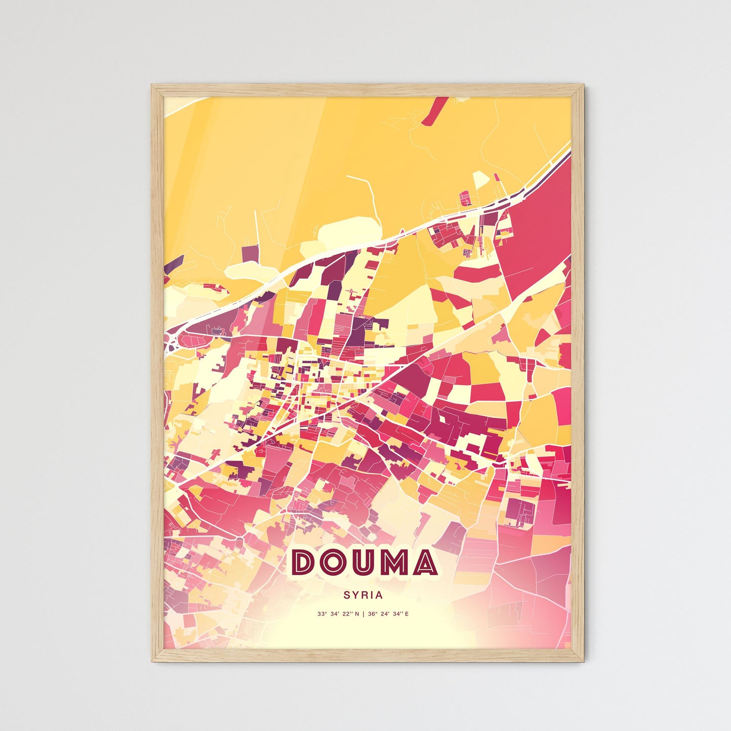 Colorful DOUMA SYRIA Fine Art Map Hot Red