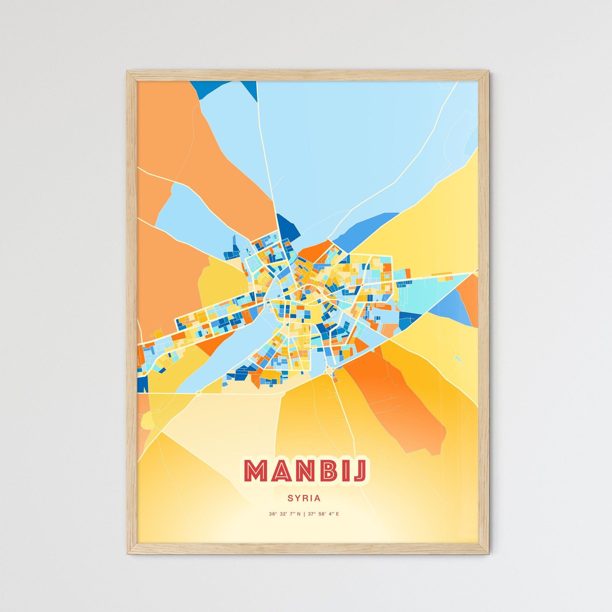 Colorful MANBIJ SYRIA Fine Art Map Blue Orange