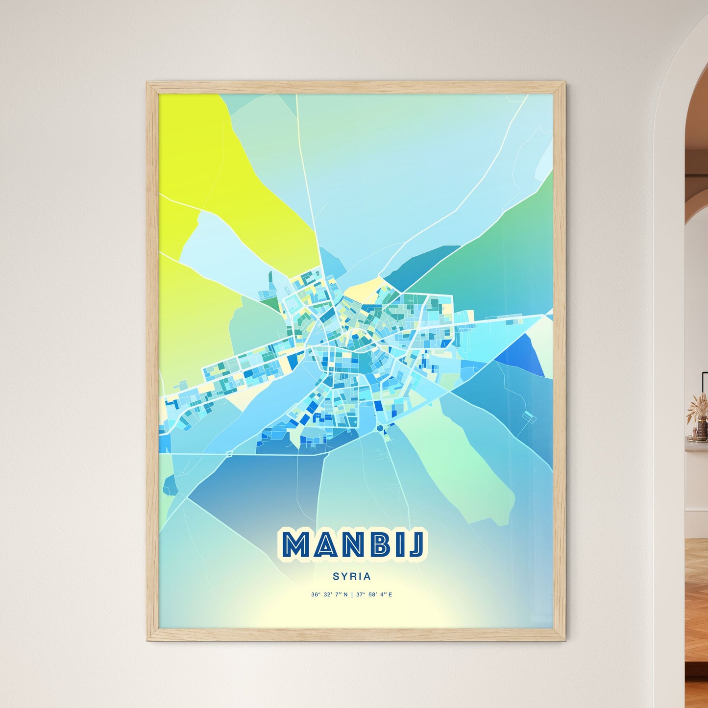 Colorful MANBIJ SYRIA Fine Art Map Cool Blue