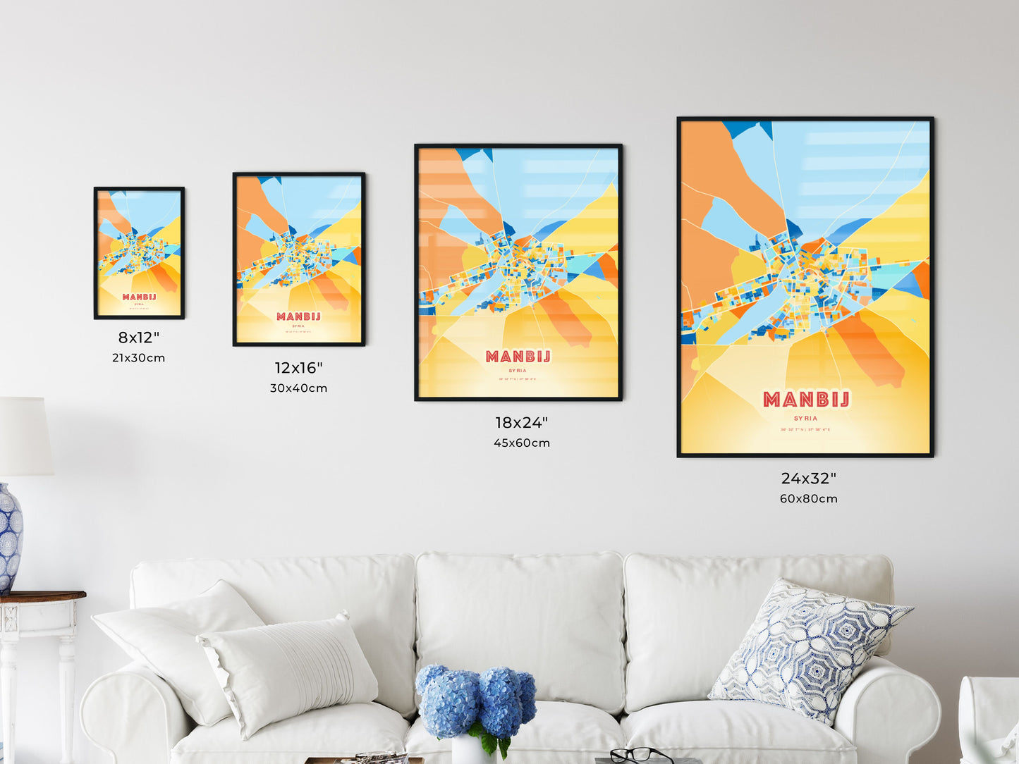 Colorful MANBIJ SYRIA Fine Art Map Blue Orange