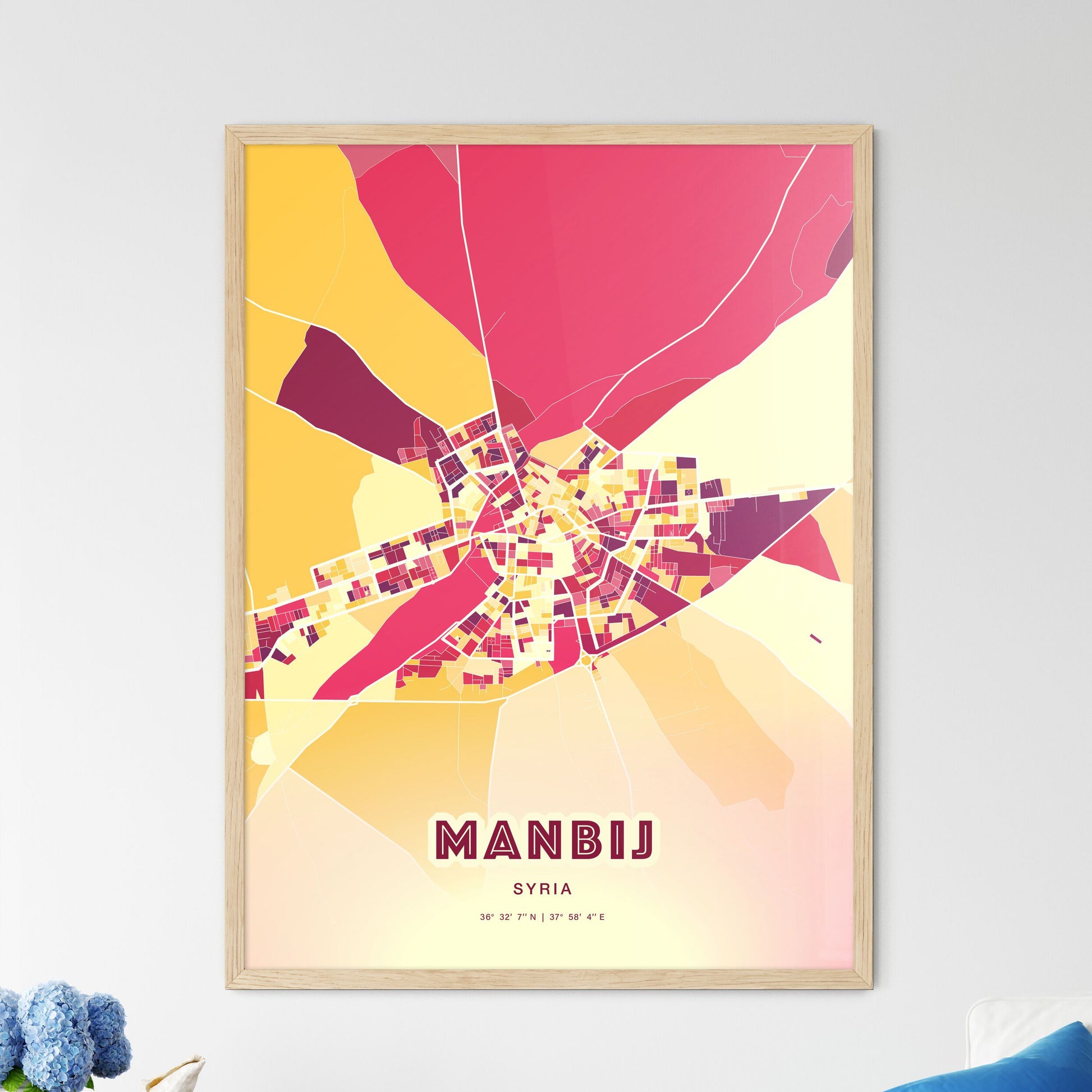 Colorful MANBIJ SYRIA Fine Art Map Hot Red