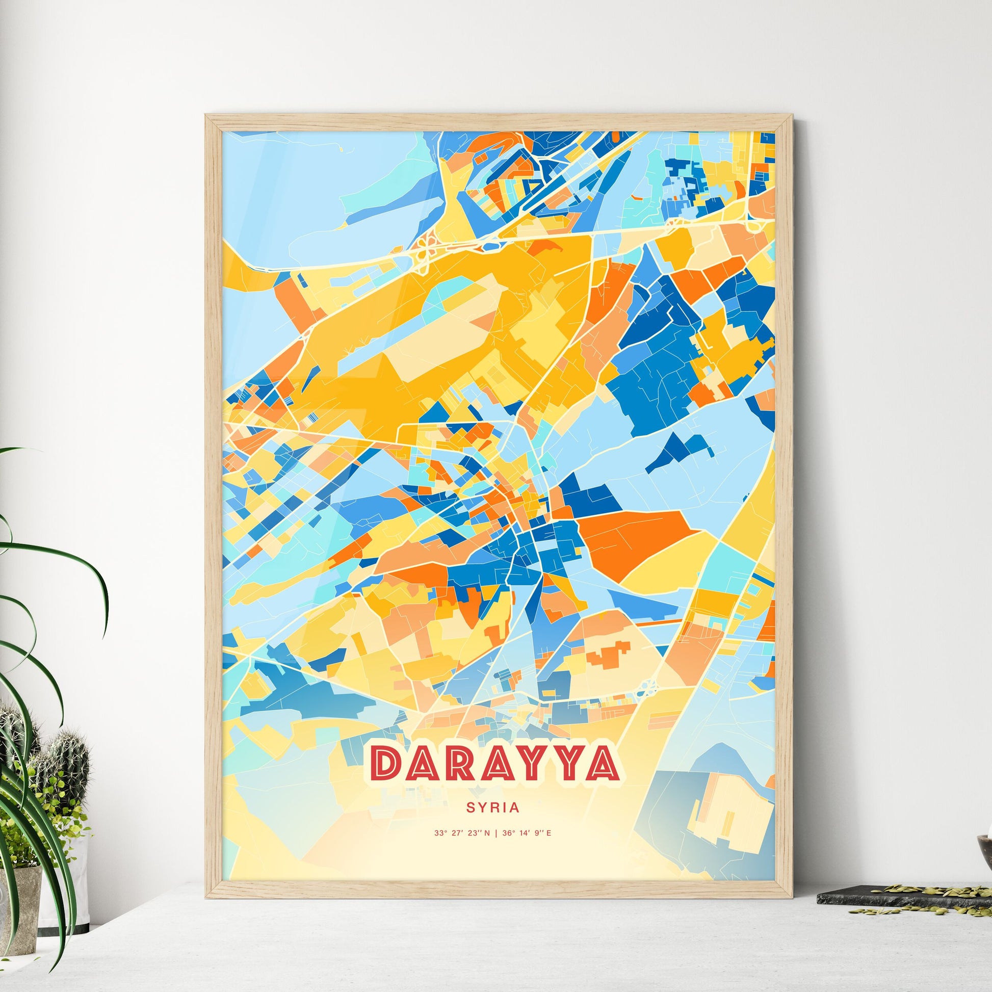 Colorful DARAYYA SYRIA Fine Art Map Blue Orange