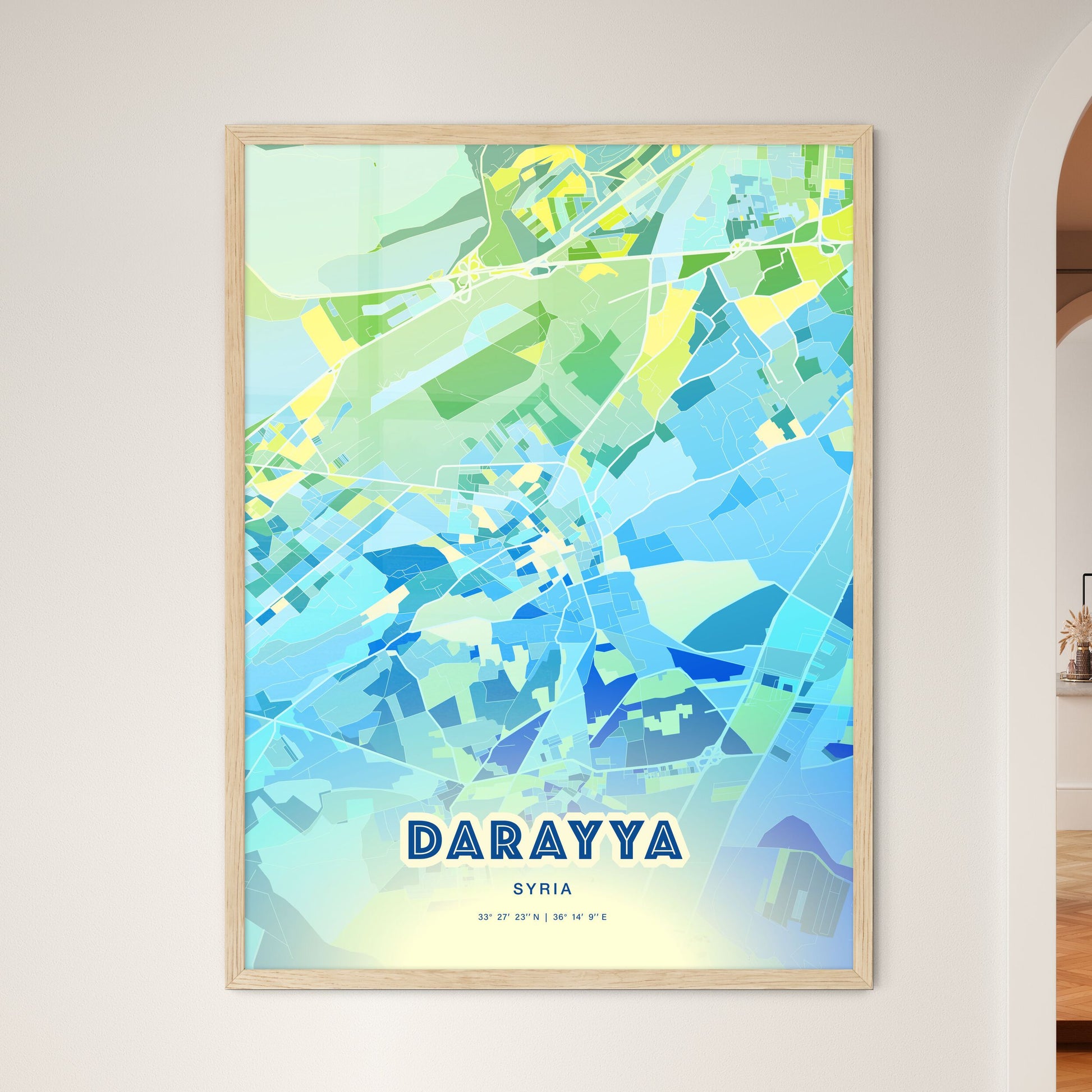 Colorful DARAYYA SYRIA Fine Art Map Cool Blue