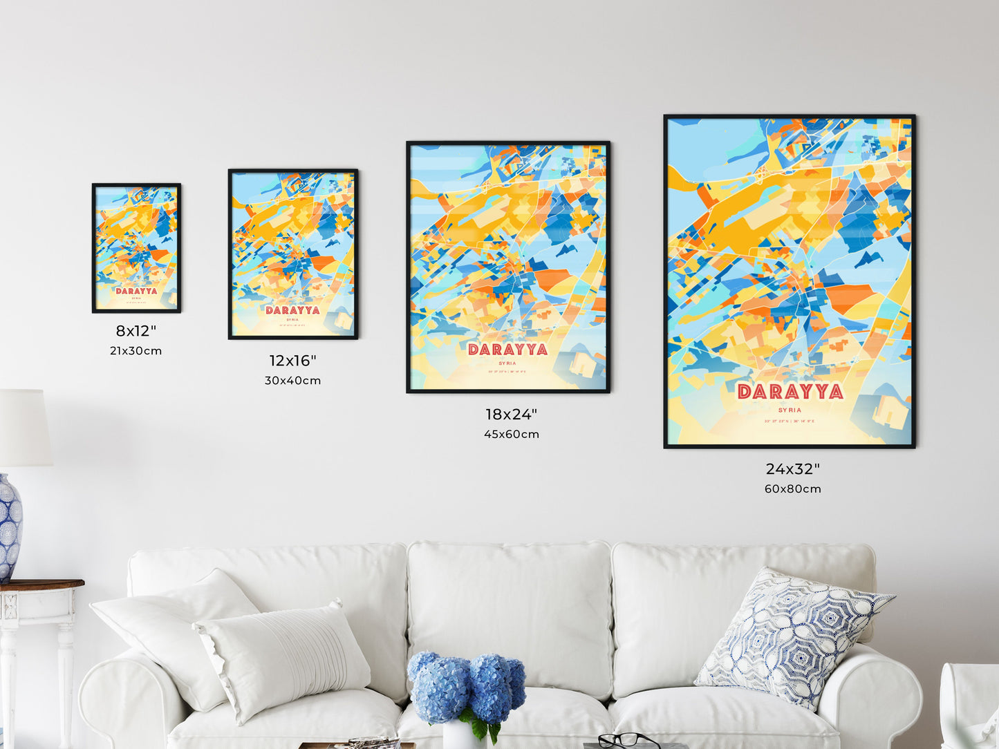 Colorful DARAYYA SYRIA Fine Art Map Blue Orange