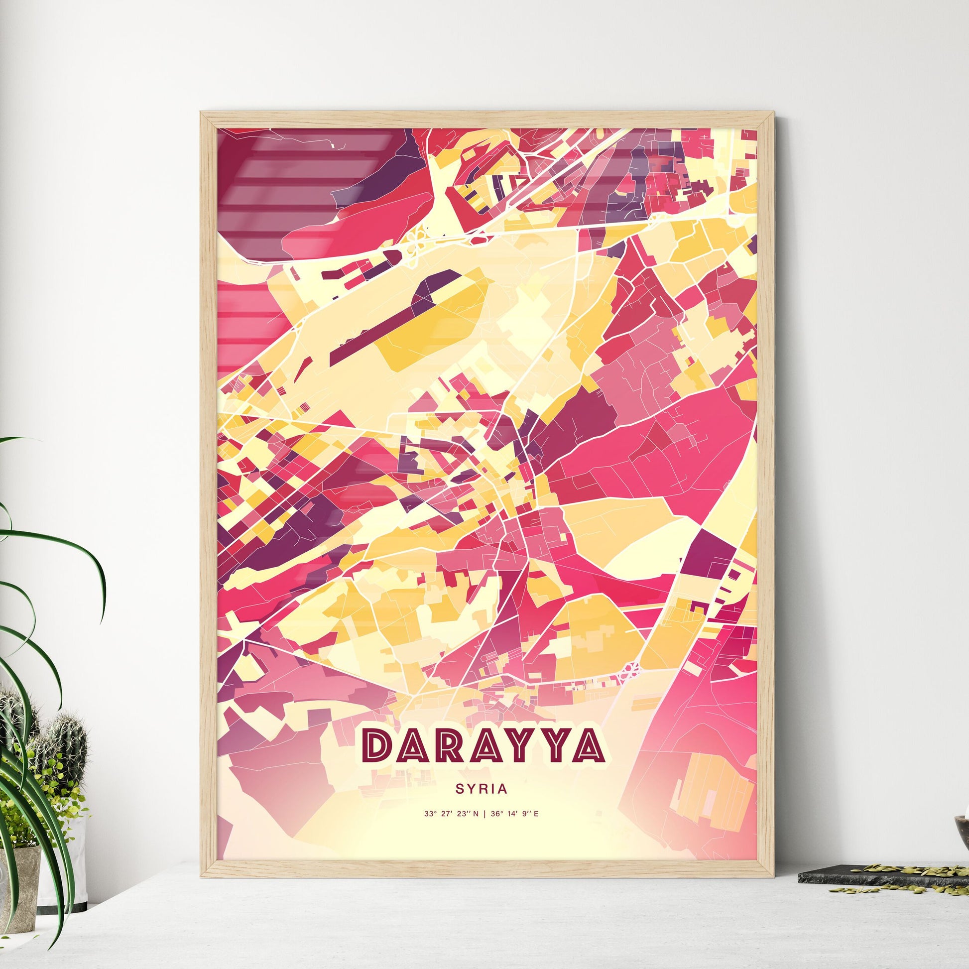 Colorful DARAYYA SYRIA Fine Art Map Hot Red