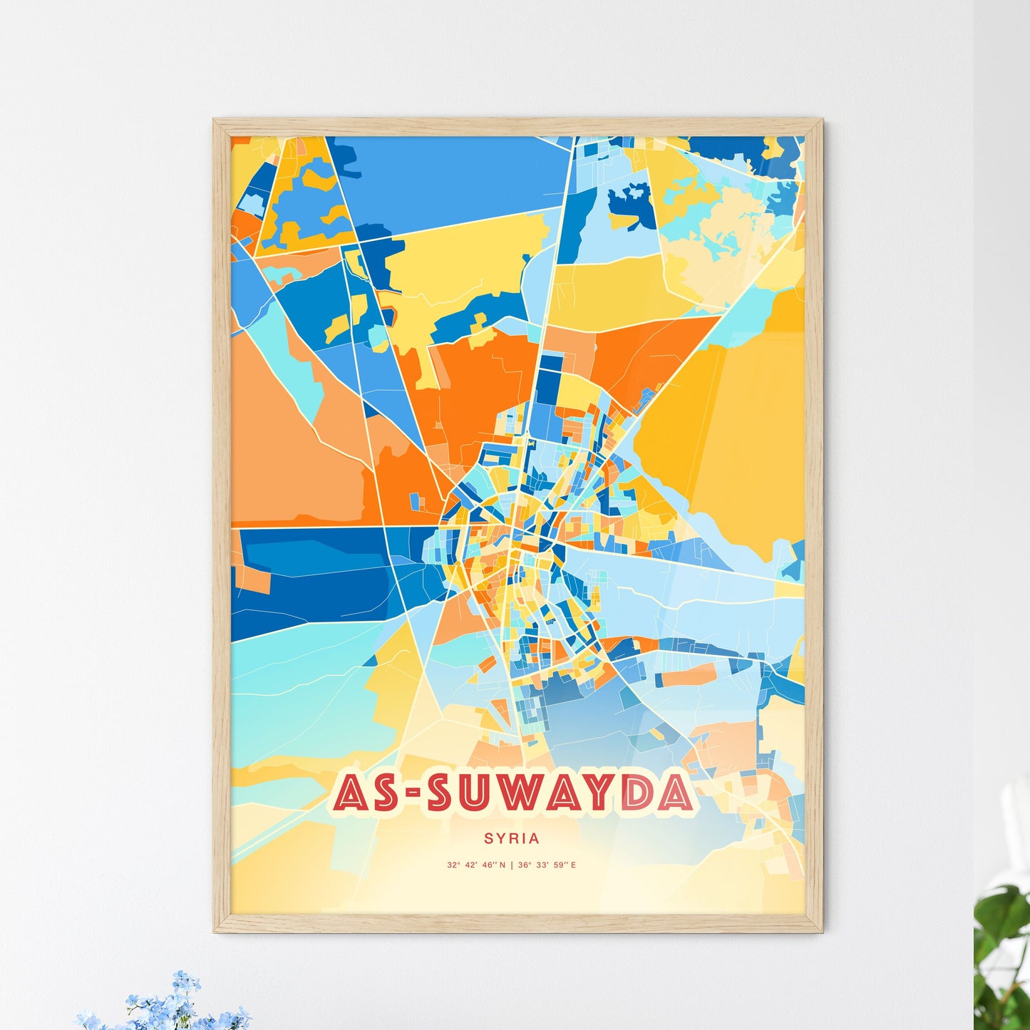 Colorful AS-SUWAYDA SYRIA Fine Art Map Blue Orange