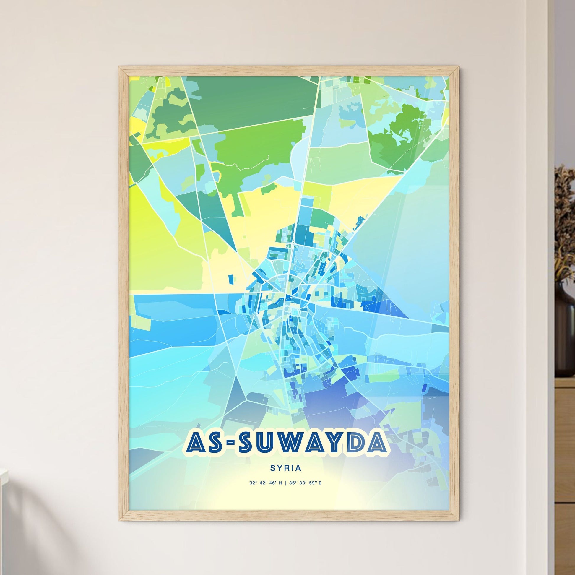 Colorful AS-SUWAYDA SYRIA Fine Art Map Cool Blue