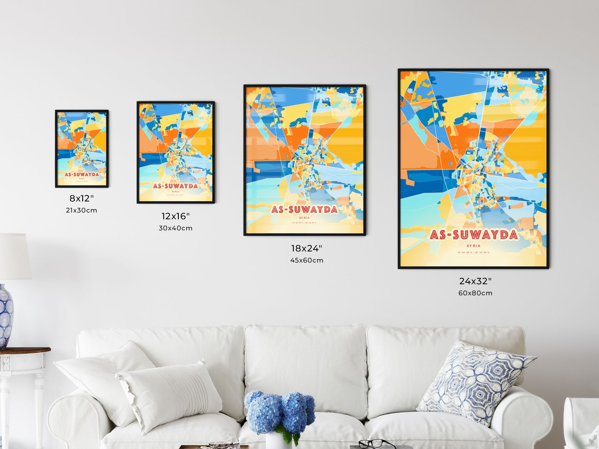 Colorful AS-SUWAYDA SYRIA Fine Art Map Blue Orange