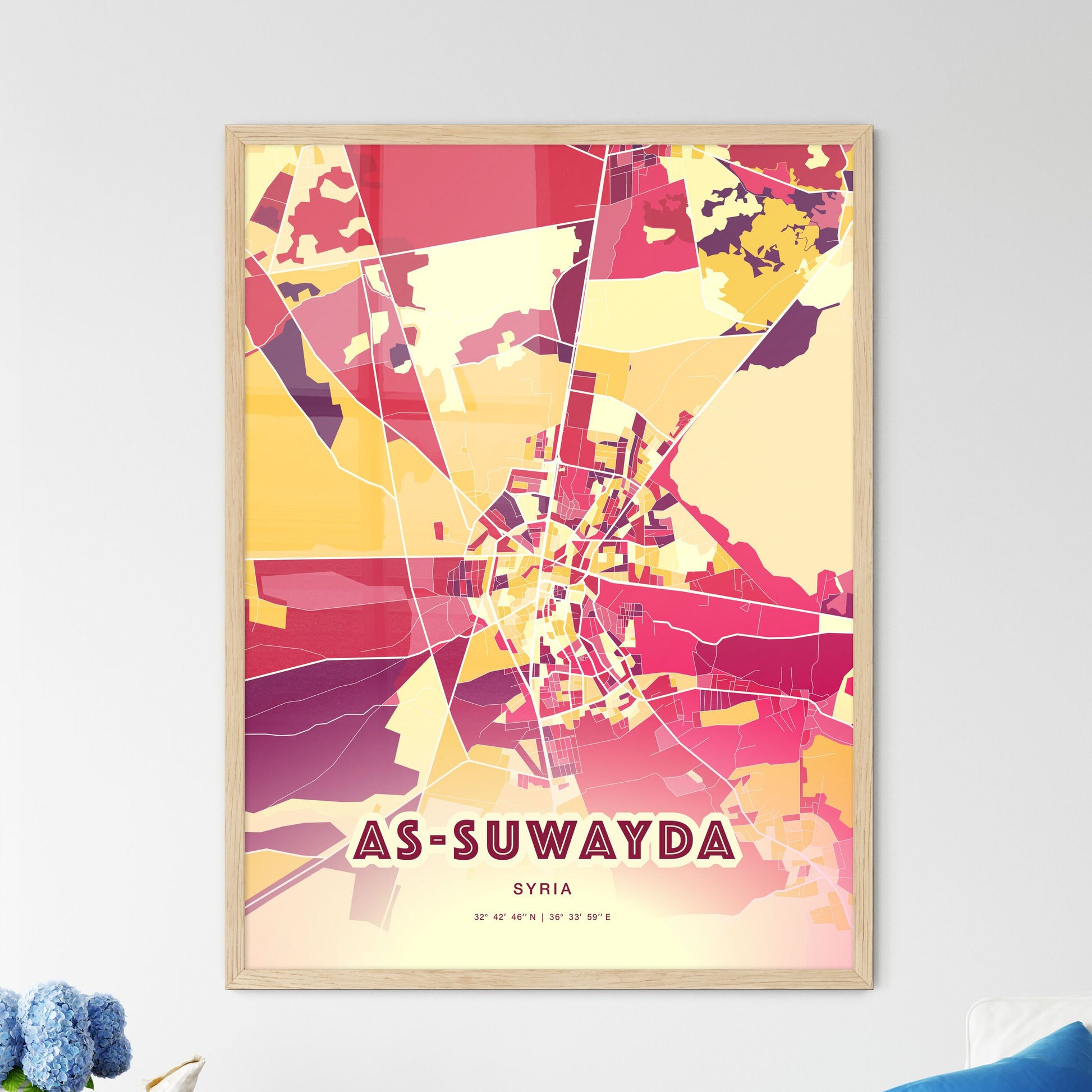 Colorful AS-SUWAYDA SYRIA Fine Art Map Hot Red