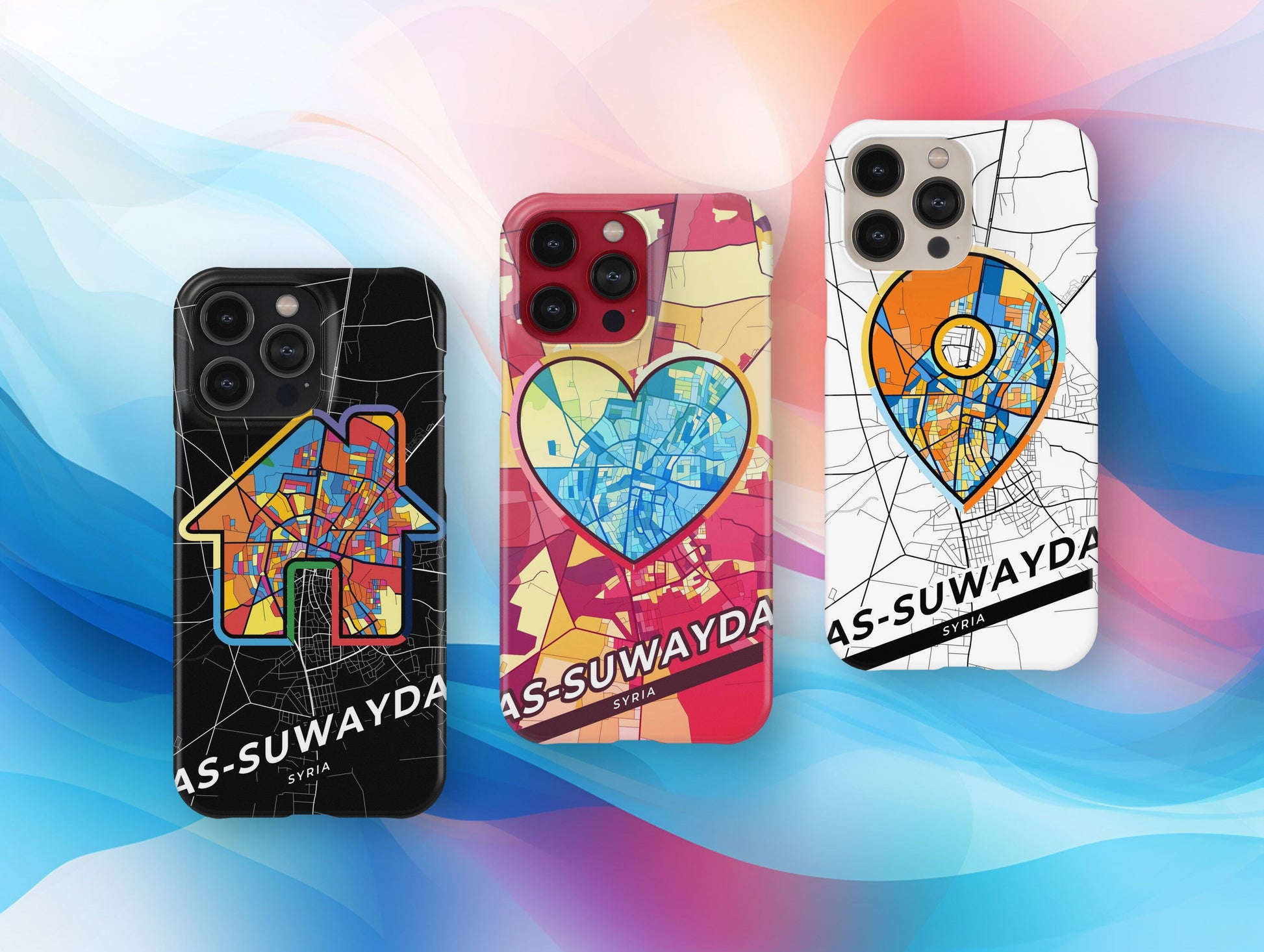 As-Suwayda Syria slim phone case with colorful icon. Birthday, wedding or housewarming gift. Couple match cases.