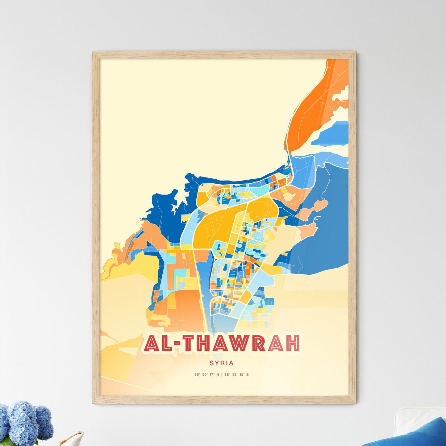 Colorful AL-THAWRAH SYRIA Fine Art Map Blue Orange