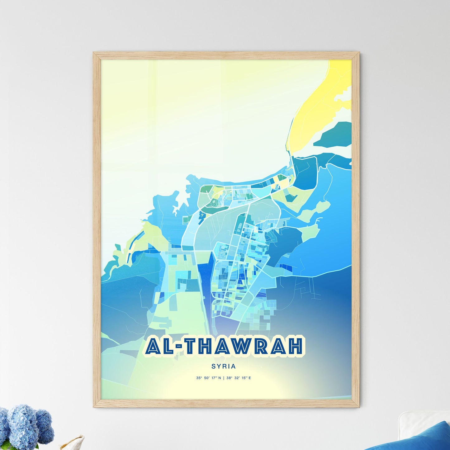 Colorful AL-THAWRAH SYRIA Fine Art Map Cool Blue