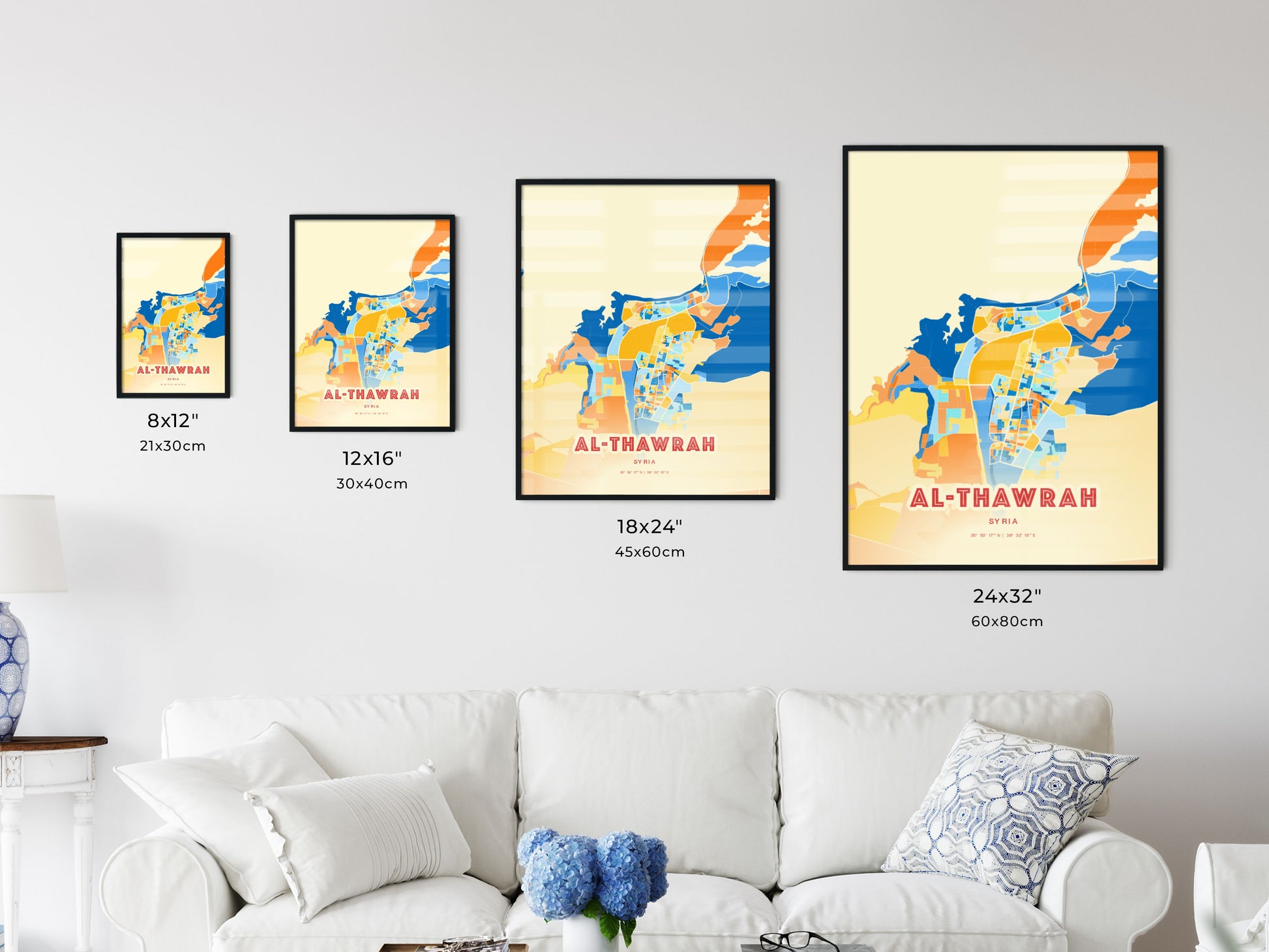 Colorful AL-THAWRAH SYRIA Fine Art Map Blue Orange