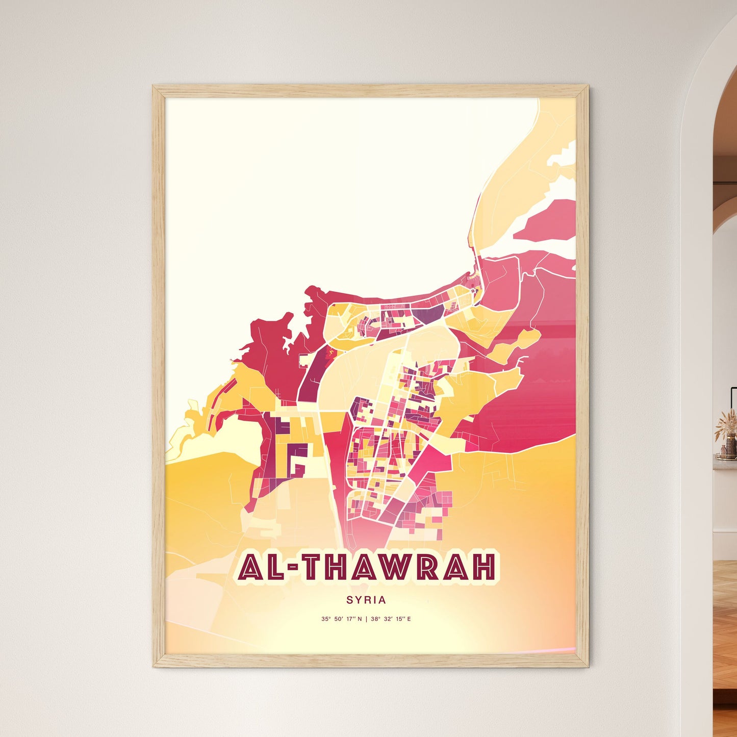 Colorful AL-THAWRAH SYRIA Fine Art Map Hot Red