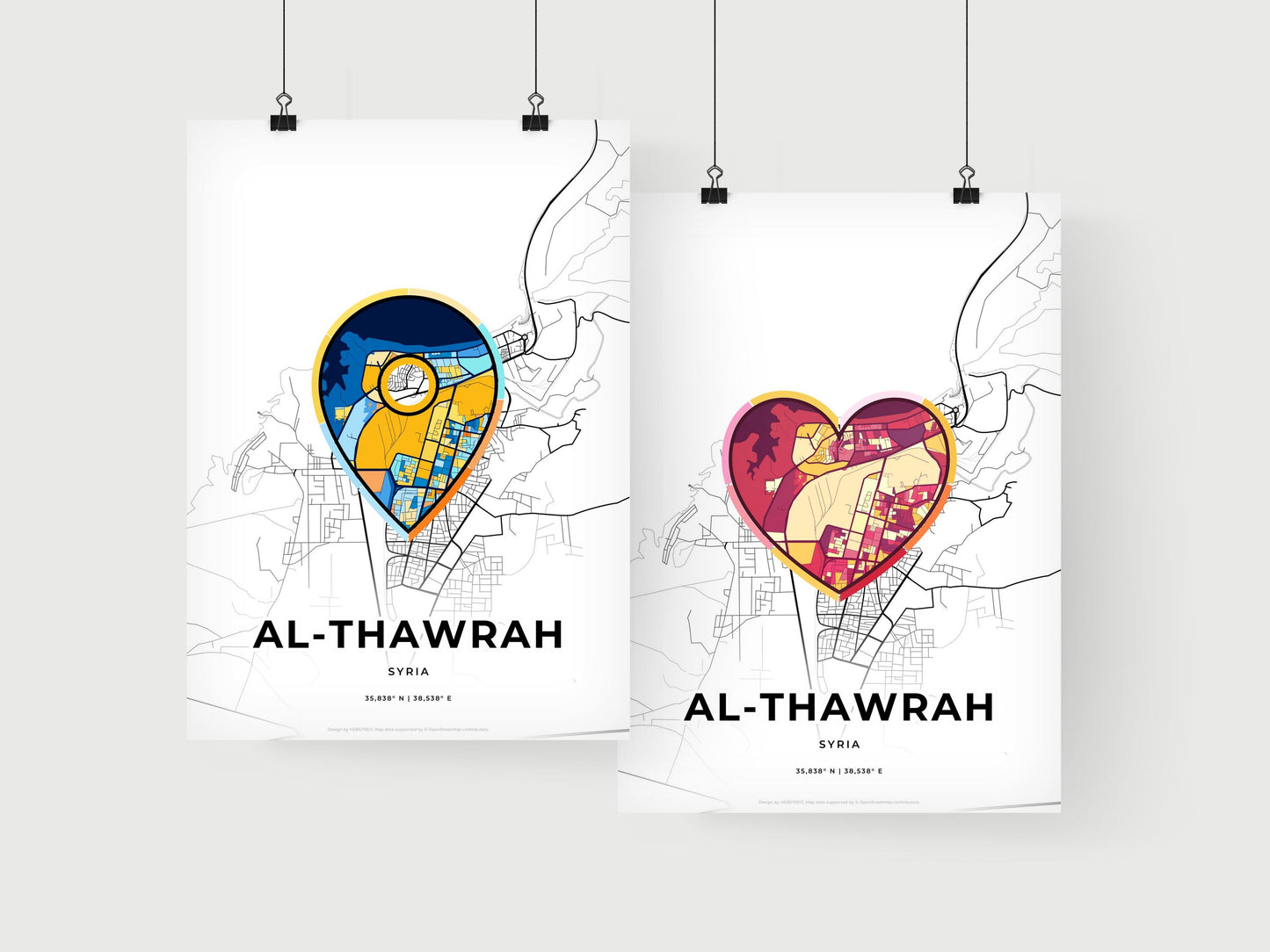 AL-THAWRAH SYRIA minimal art map with a colorful icon. Where it all began, Couple map gift.