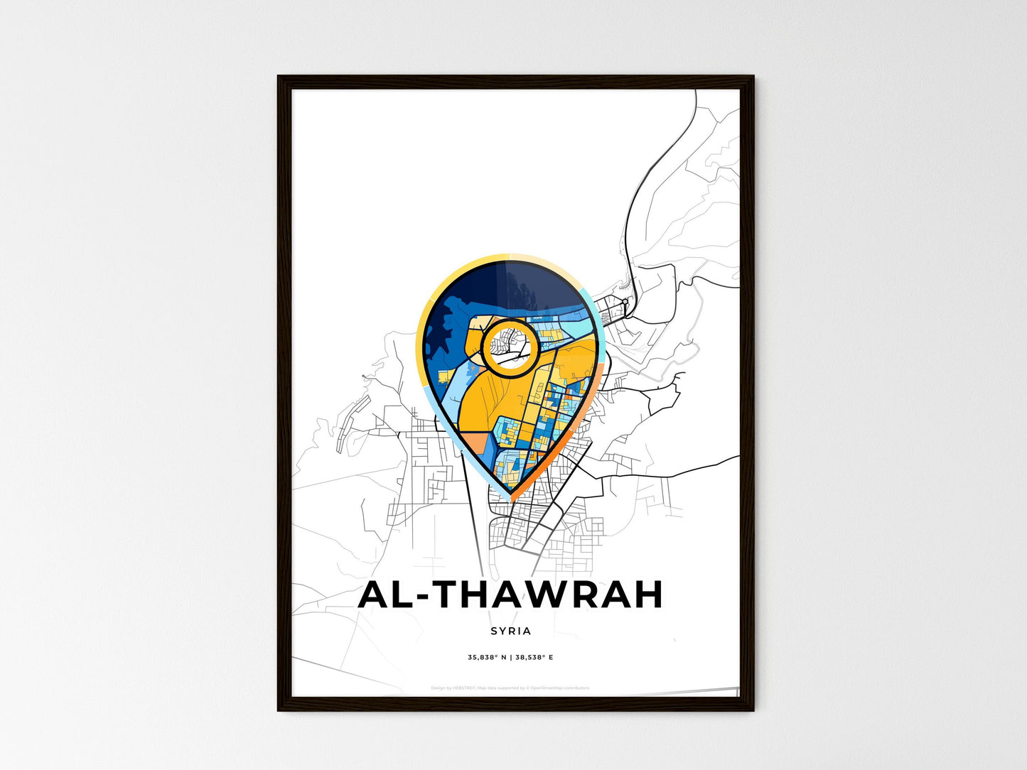 AL-THAWRAH SYRIA minimal art map with a colorful icon. Where it all began, Couple map gift. Style 1