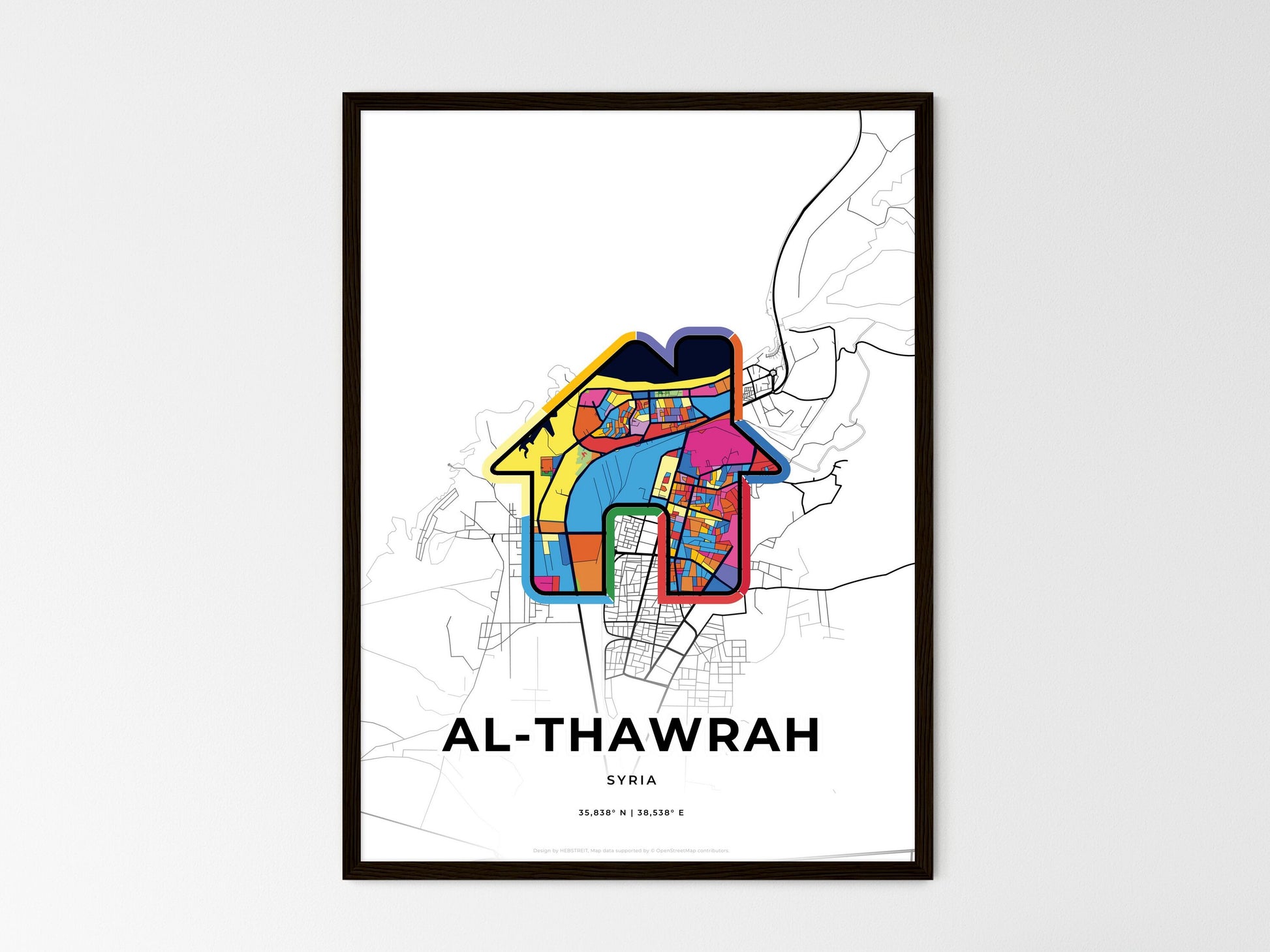 AL-THAWRAH SYRIA minimal art map with a colorful icon. Where it all began, Couple map gift. Style 3