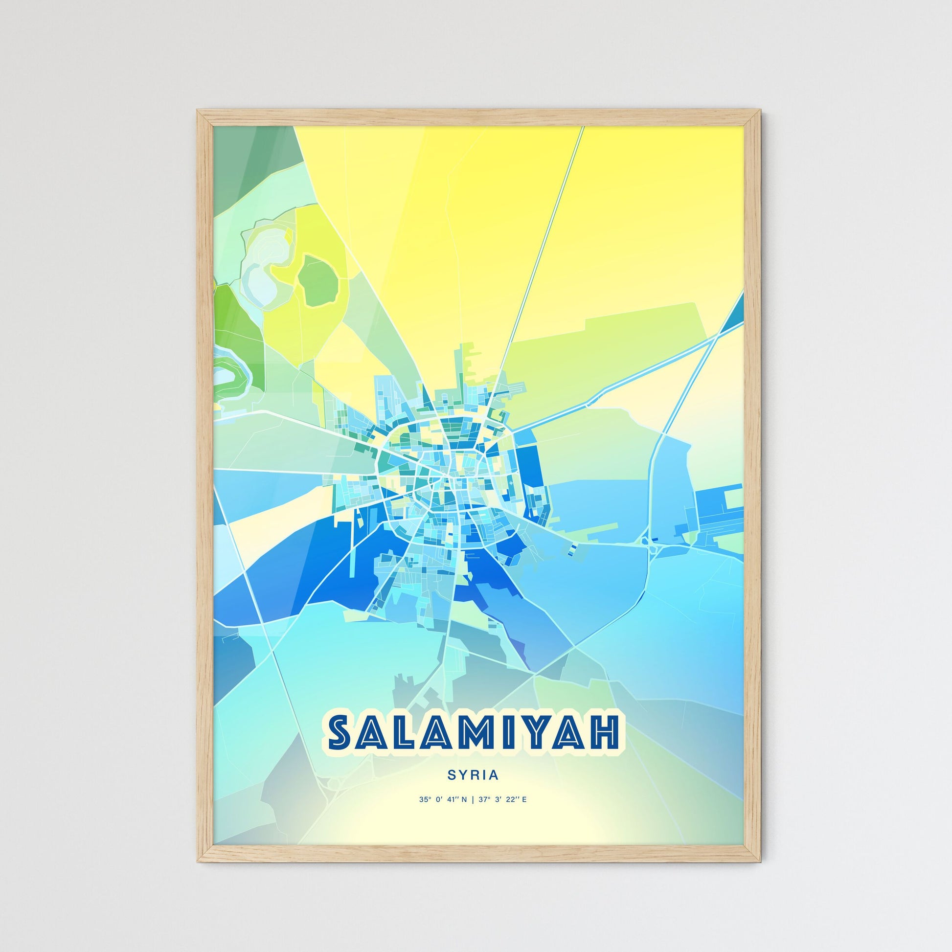 Colorful SALAMIYAH SYRIA Fine Art Map Cool Blue