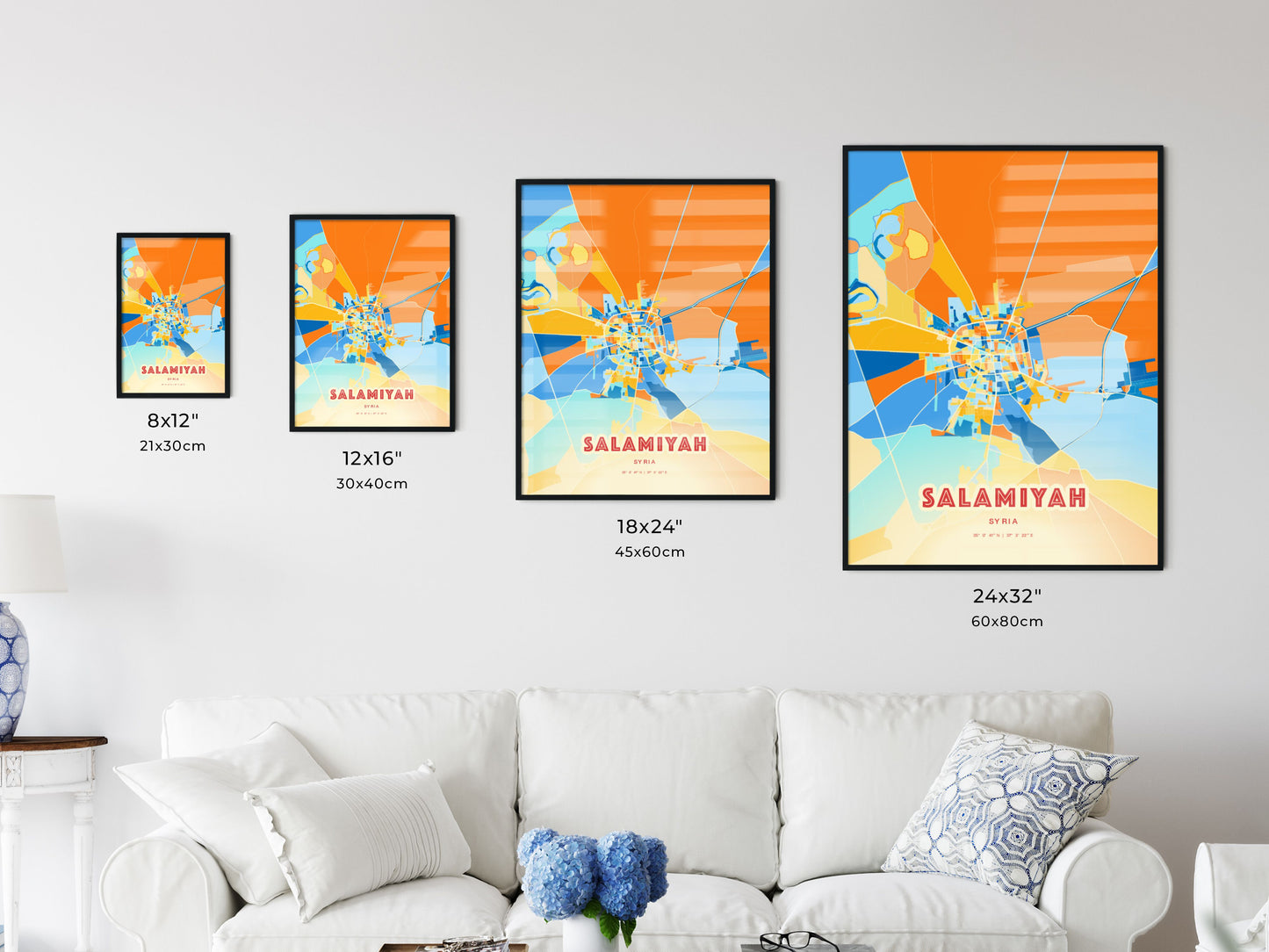 Colorful SALAMIYAH SYRIA Fine Art Map Blue Orange