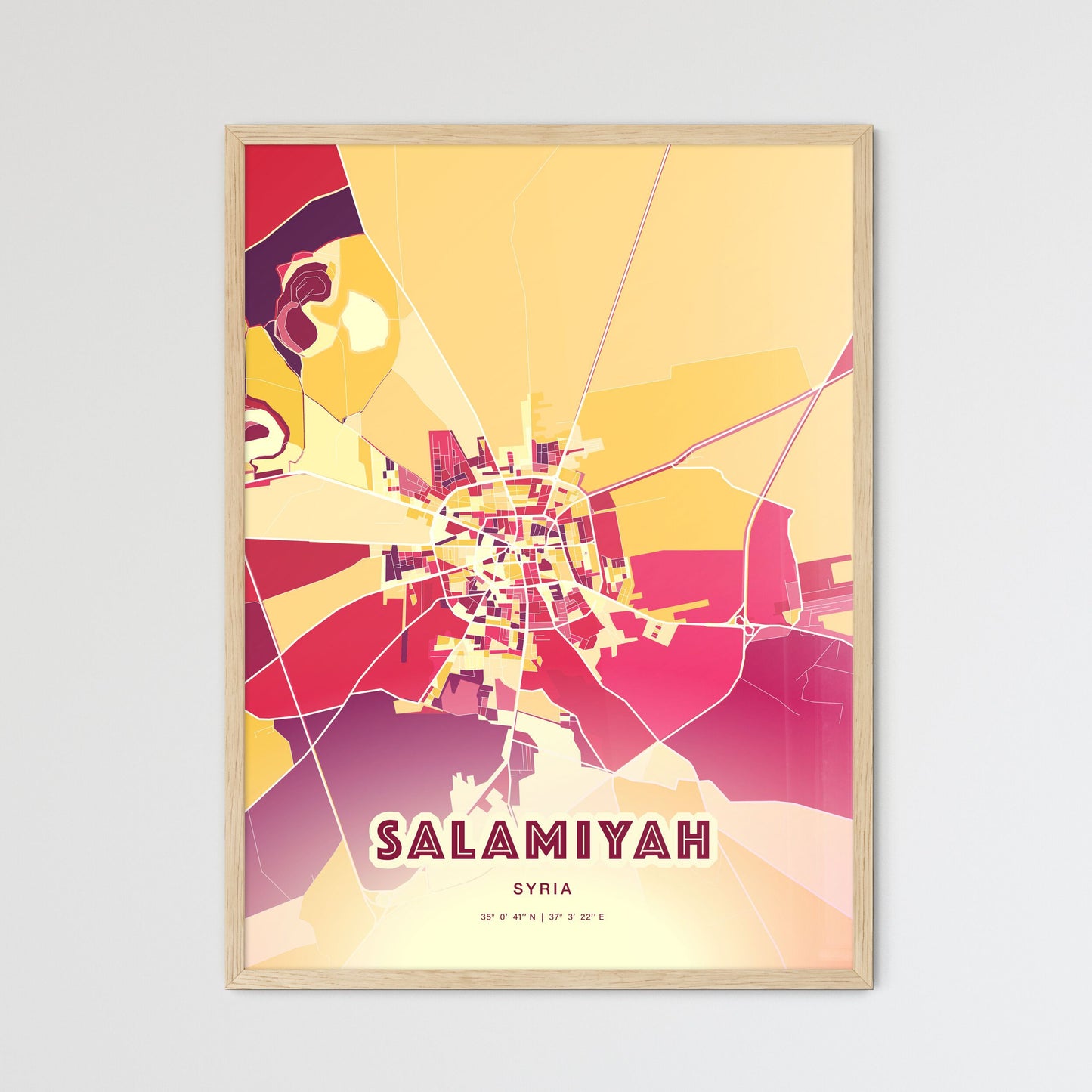 Colorful SALAMIYAH SYRIA Fine Art Map Hot Red