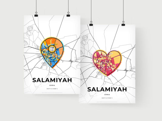 SALAMIYAH SYRIA minimal art map with a colorful icon. Where it all began, Couple map gift.