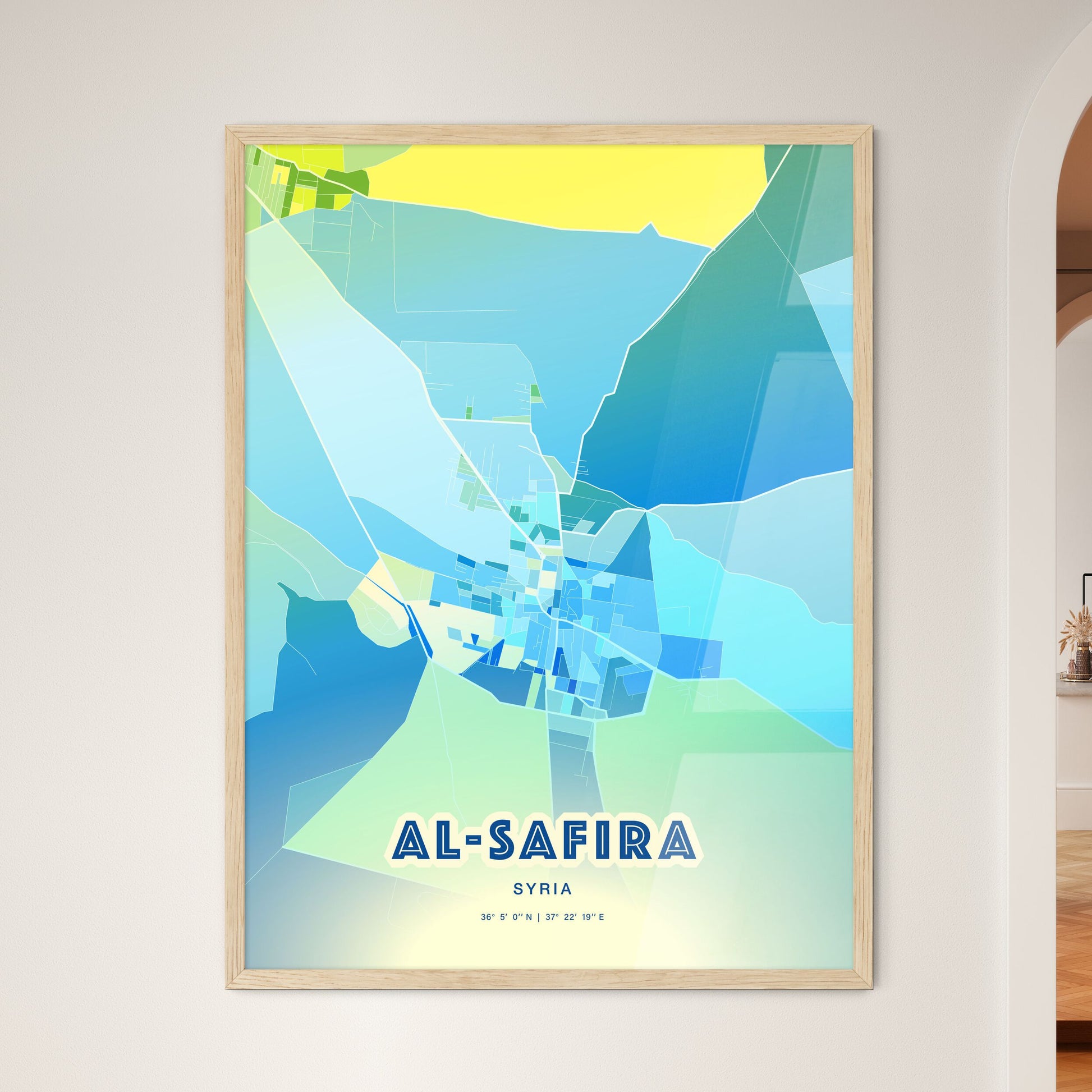 Colorful AL-SAFIRA SYRIA Fine Art Map Cool Blue