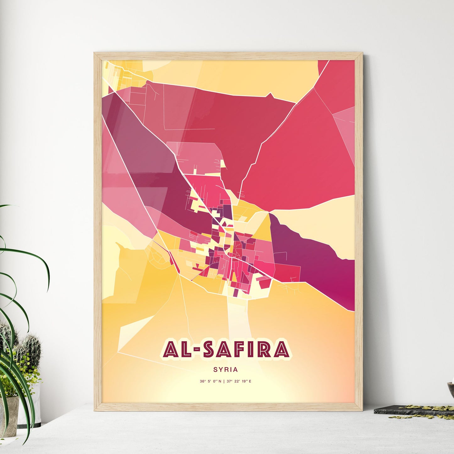 Colorful AL-SAFIRA SYRIA Fine Art Map Hot Red