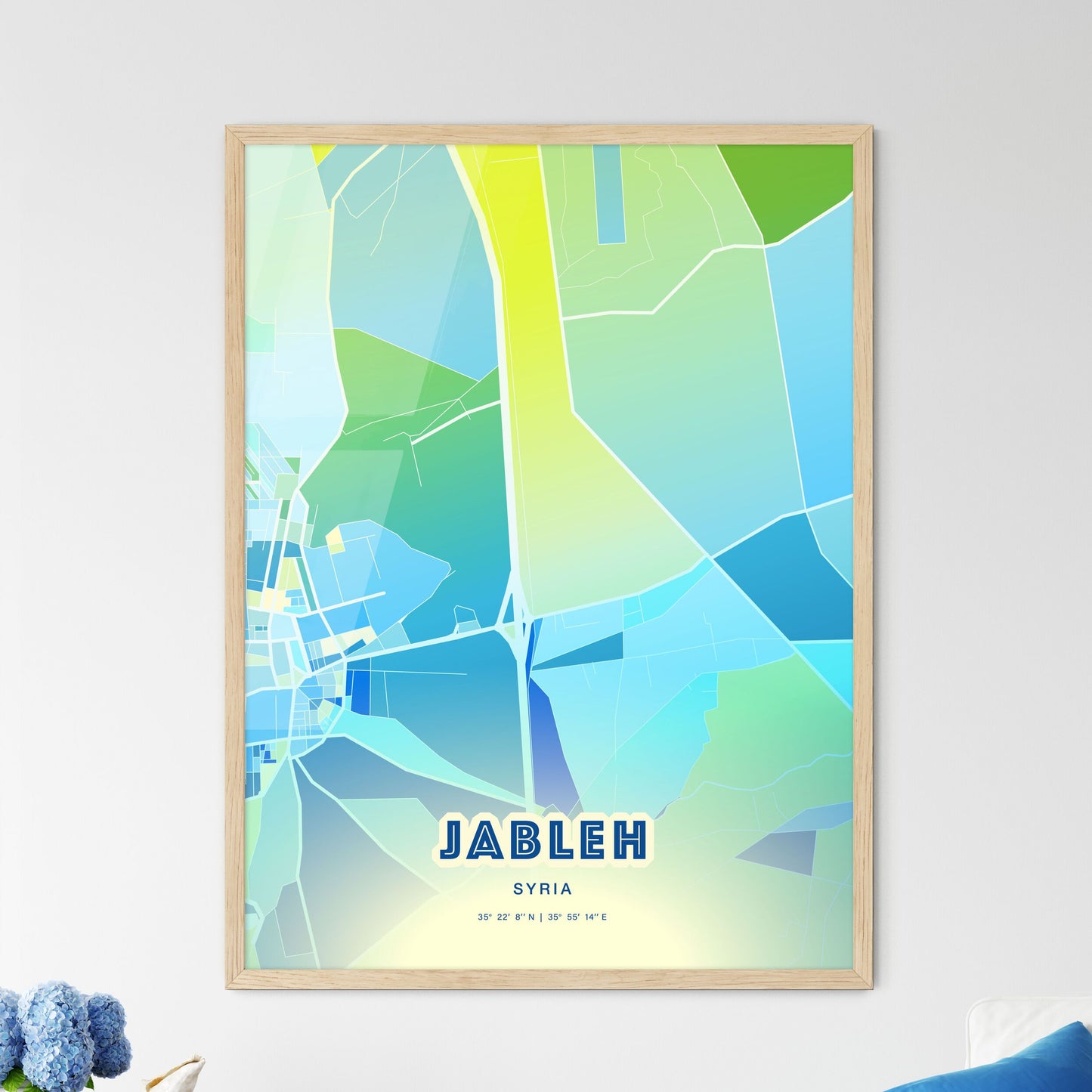 Colorful JABLEH SYRIA Fine Art Map Cool Blue