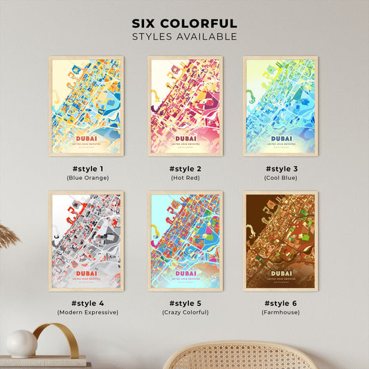 Colorful DUBAI UNITED ARAB EMIRATES Fine Art Map Blue Orange