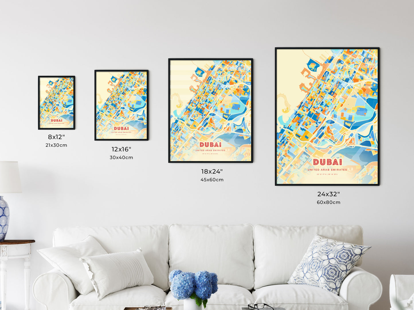 Colorful DUBAI UNITED ARAB EMIRATES Fine Art Map Blue Orange