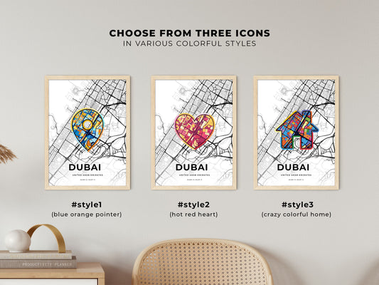 Dubai United Arab Emirates maps with colorful icons