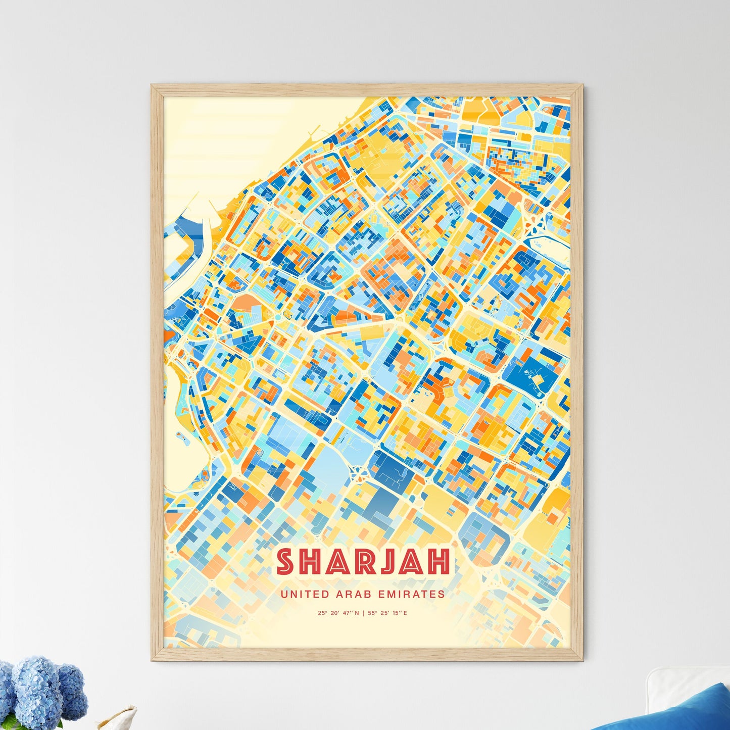 Colorful SHARJAH UNITED ARAB EMIRATES Fine Art Map Blue Orange