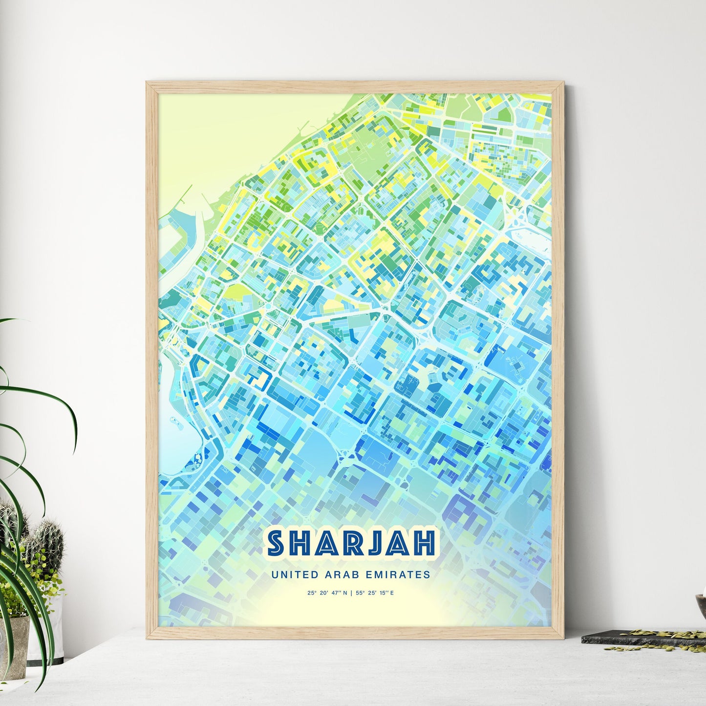Colorful SHARJAH UNITED ARAB EMIRATES Fine Art Map Cool Blue