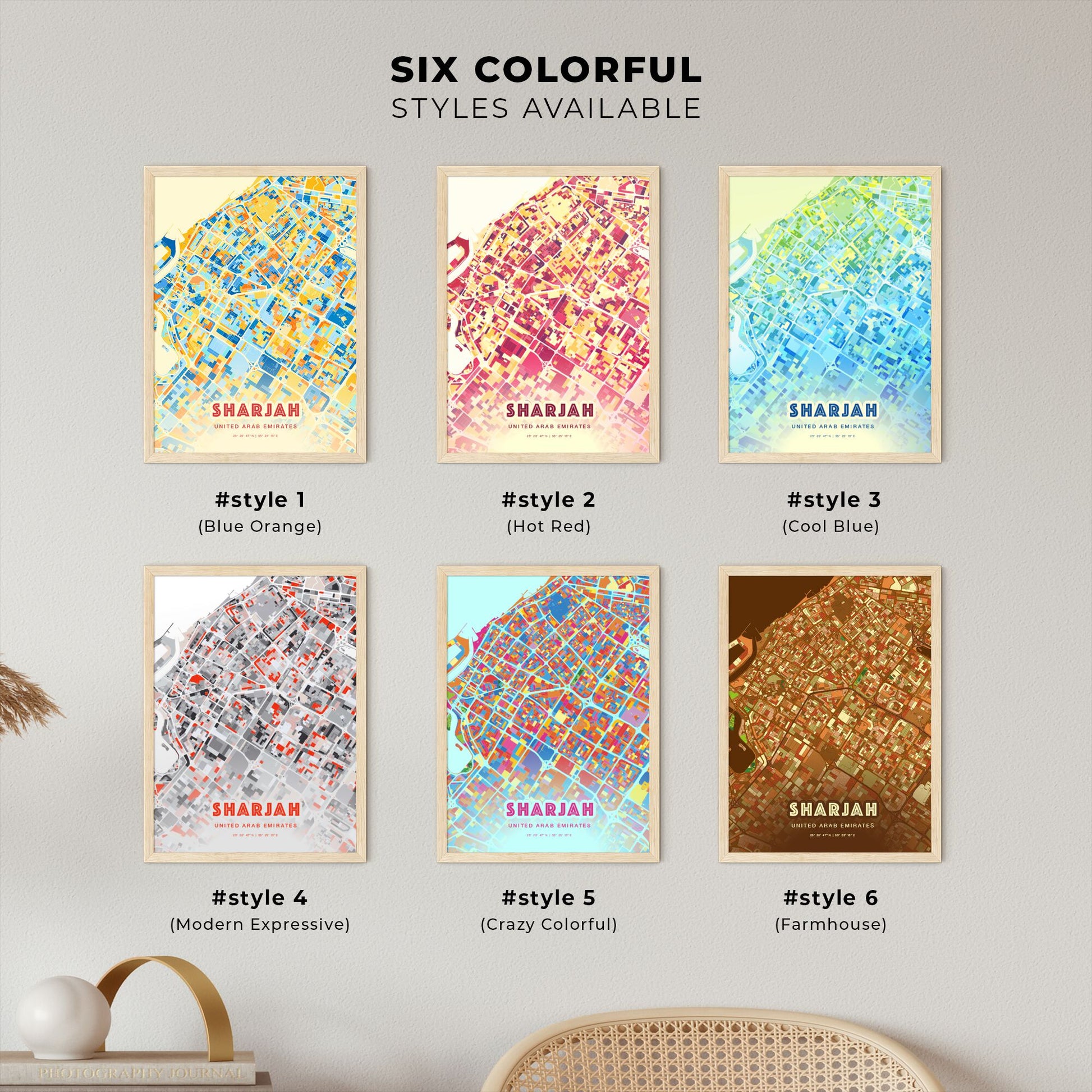 Colorful SHARJAH UNITED ARAB EMIRATES Fine Art Map Blue Orange