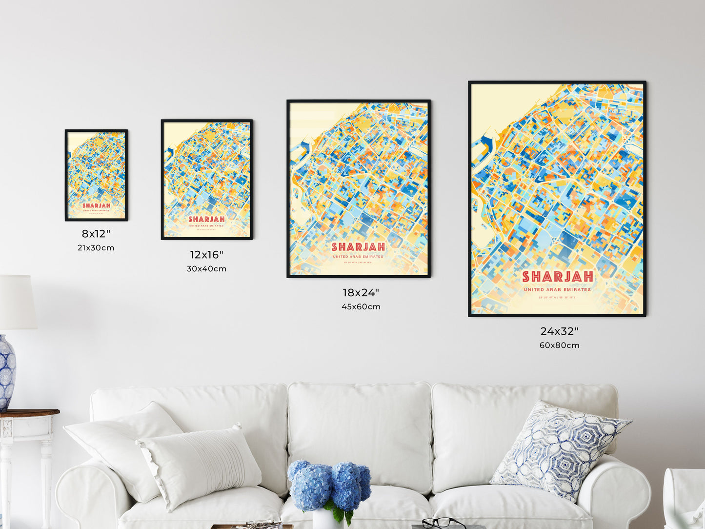 Colorful SHARJAH UNITED ARAB EMIRATES Fine Art Map Blue Orange