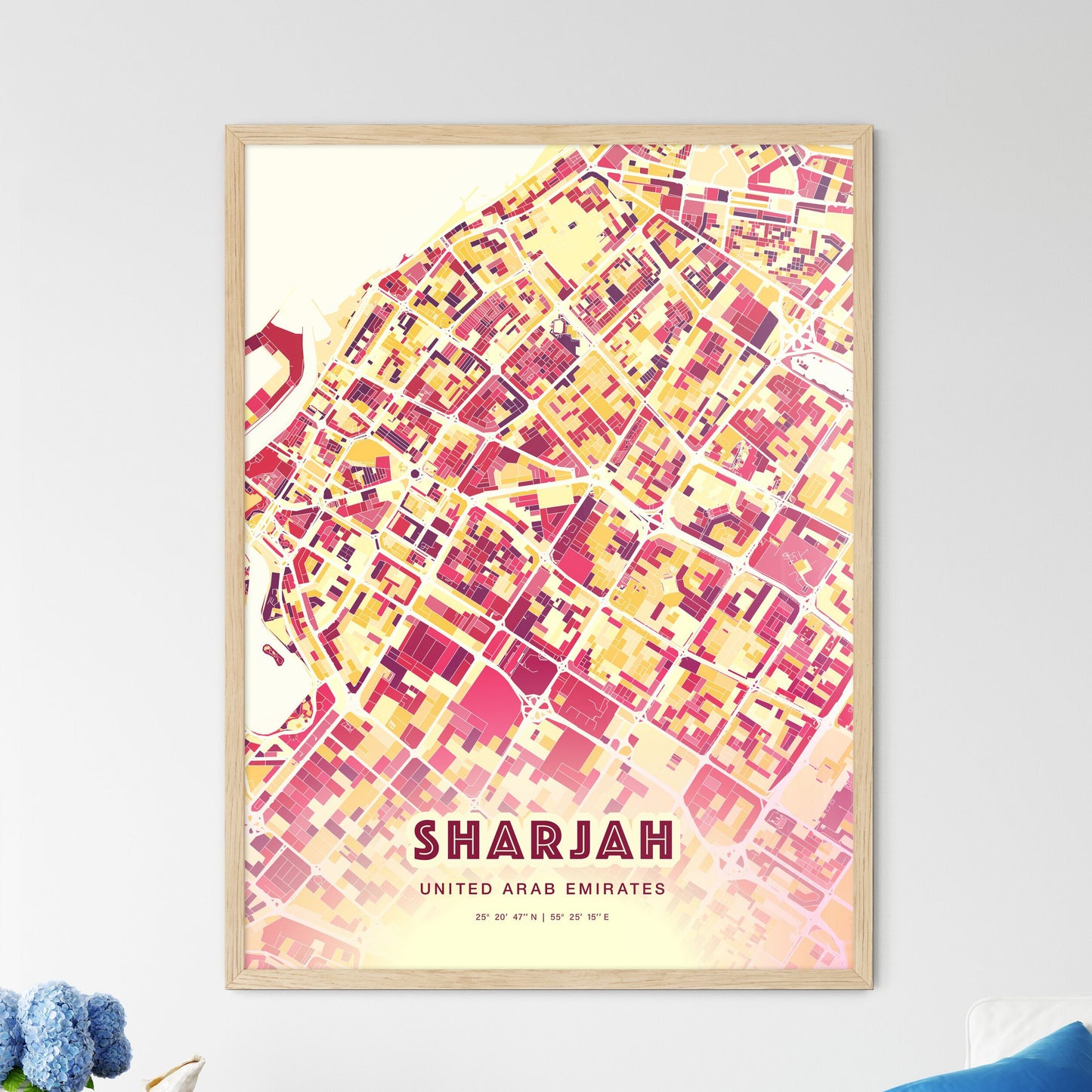 Colorful SHARJAH UNITED ARAB EMIRATES Fine Art Map Hot Red