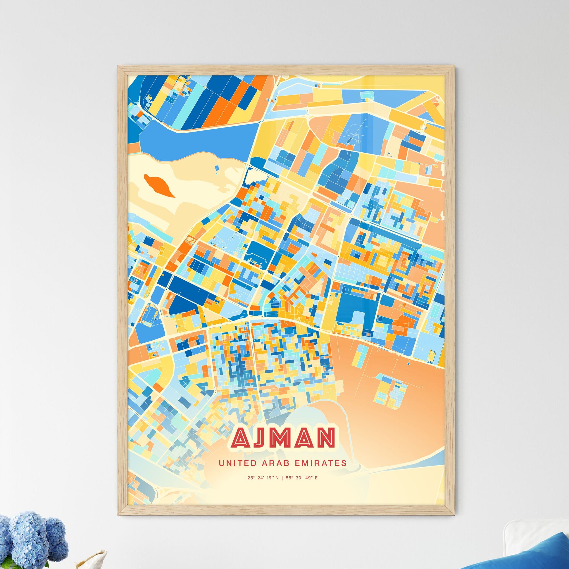 Colorful AJMAN UNITED ARAB EMIRATES Fine Art Map Blue Orange